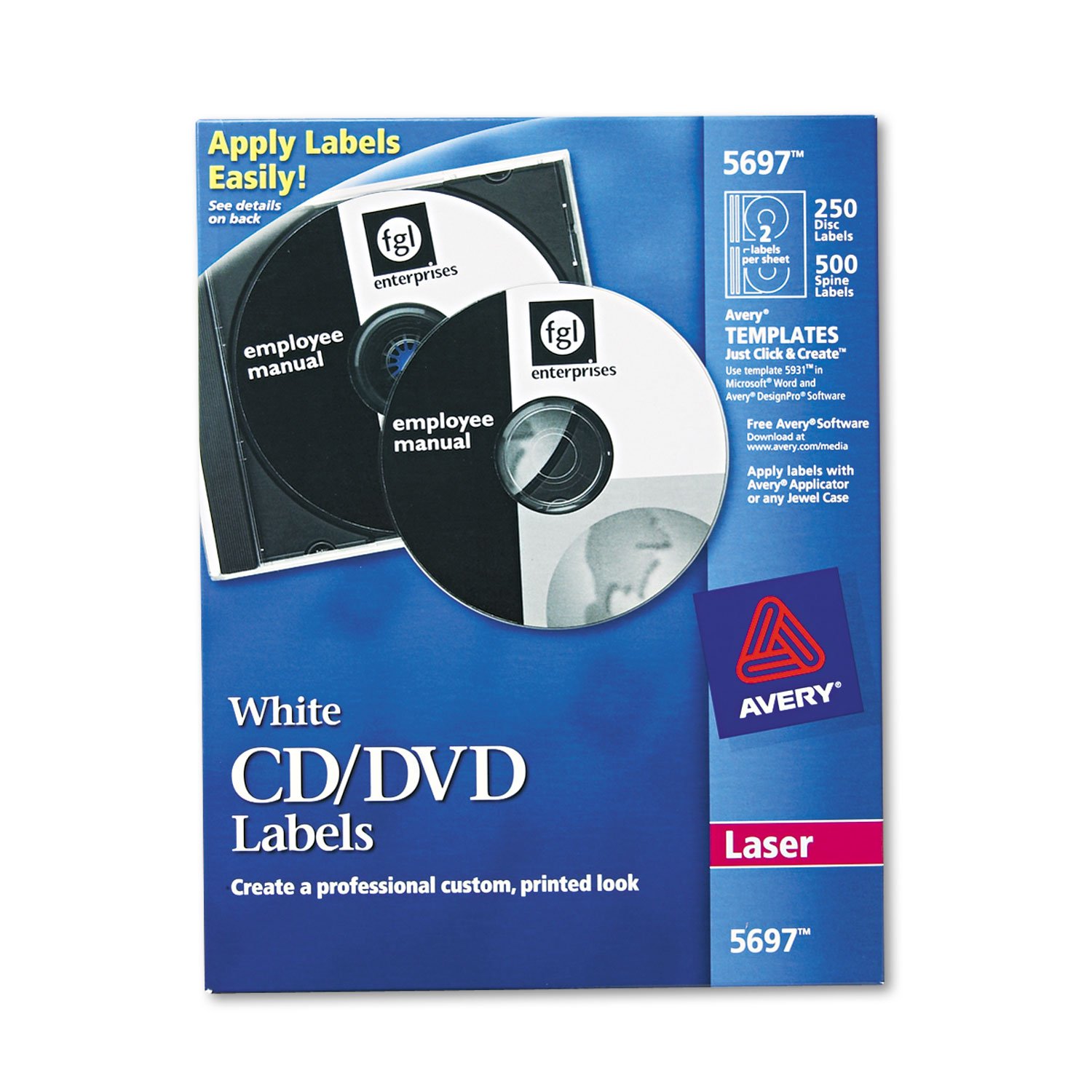 Avery 5697 White CD/DVD Labels for Laser Printers - 250 Pack | Perfect for Organizing Music, Movies, and Data Discs