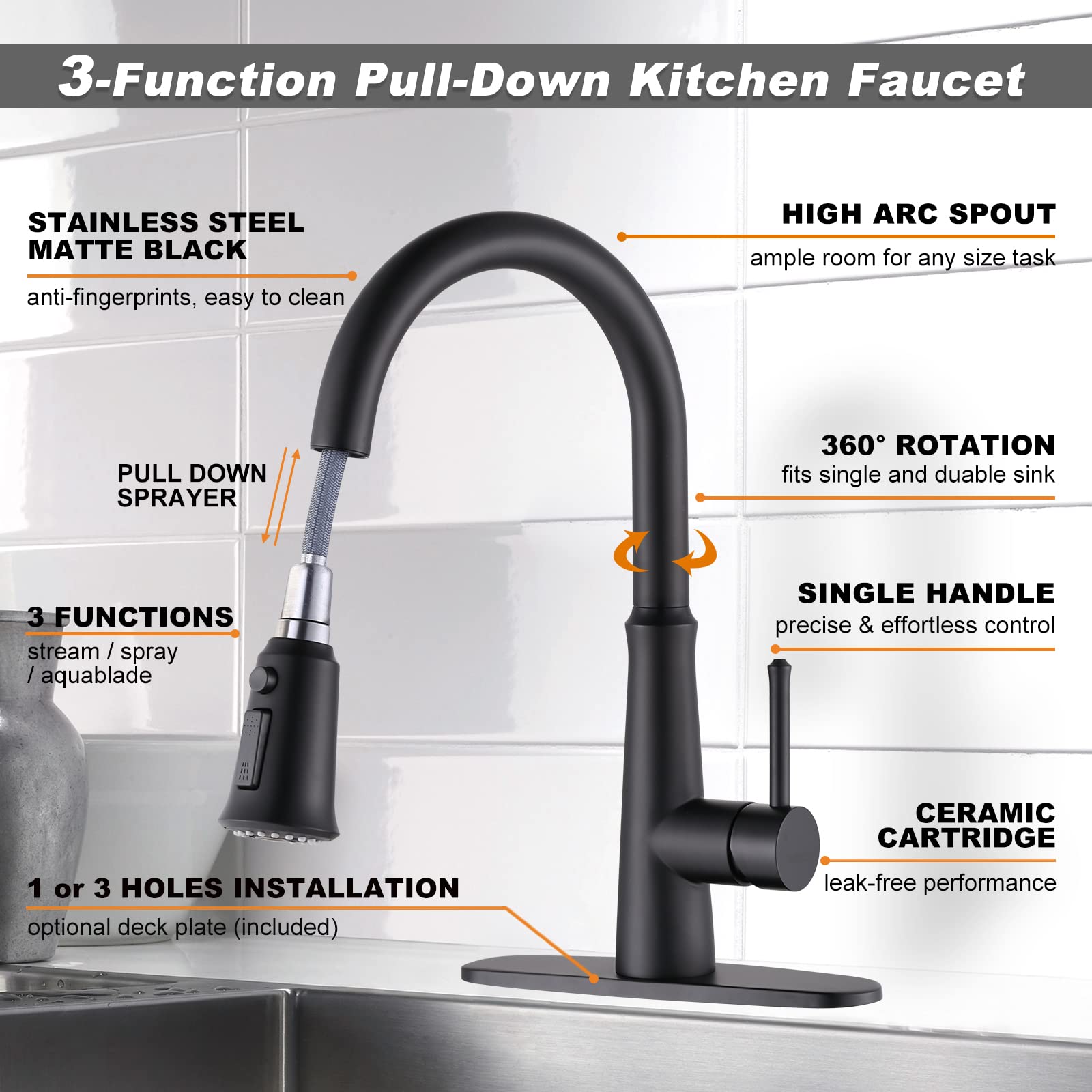 Matte Black Kitchen Faucet with Pull Down Sprayer - Stainless Steel High Arc Single Hole Faucet for Sinks, 1 or 3 Hole Installation, 360° Swivel Spout - Perfect for Modern Kitchens, RVs, and Small Spaces