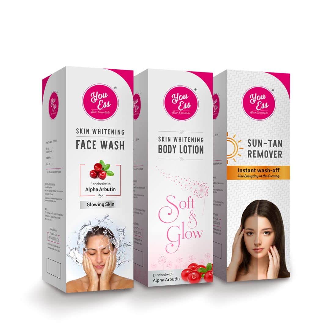 You Ess | Brightening Facial Cleanser & Body Lotion Set with Sun Tan Remover (200ml x3) - Glowing Skin Care Routine for Morning & Night Use
