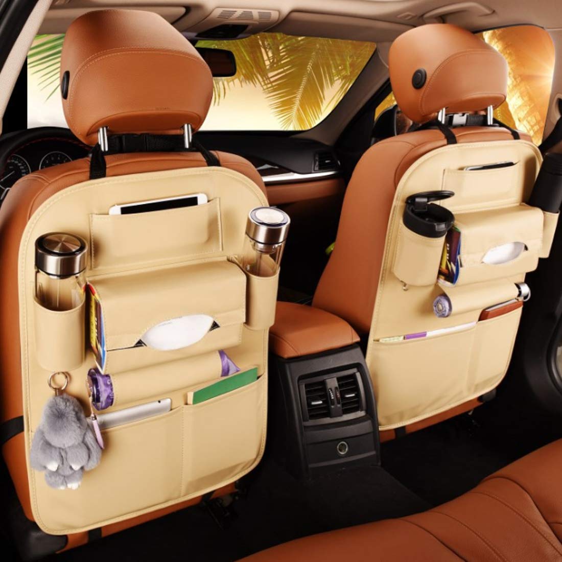 Premium PU Leather Car Seat Back Organizer with Tablet Holder - Universal 2-Pack for Kids, Storage Bottles, Toys & Tissue Box (Beige, Upgraded Design) - Perfect for Road Trips, Family Travel & Daily Commute