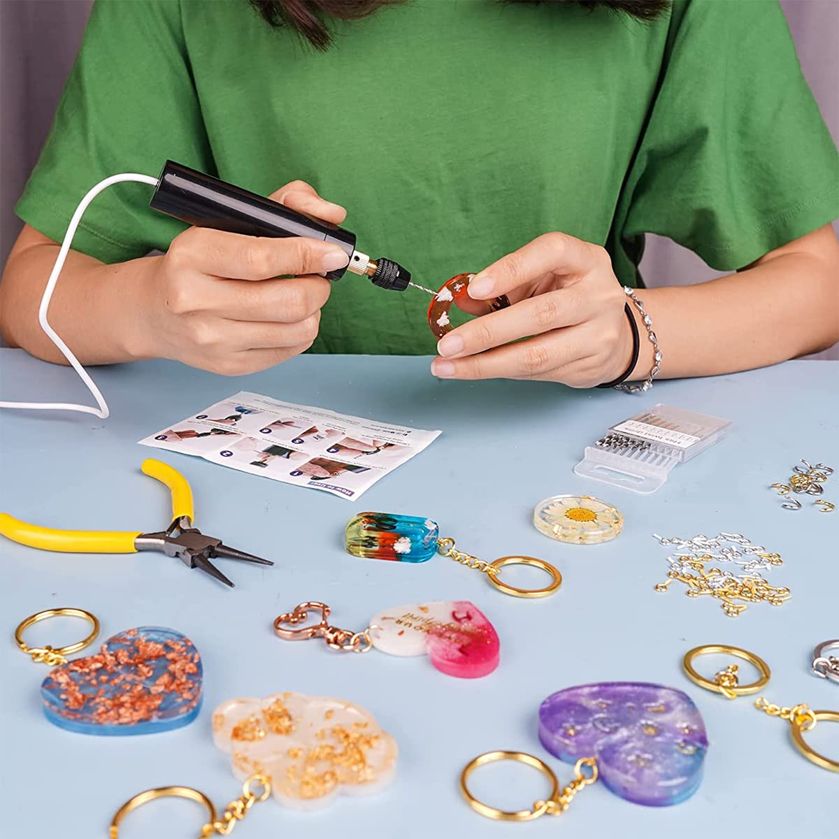 USB Powered Mini Hand Drill Kit - Electric Resin Drill with Keychain Screw Eye Pins, Drill Bits, Wrench & Pliers for DIY Jewelry Making, Resin Crafts & Pendant Creation | Portable Keychain Tool for Crafters & Hobbyists | Perfect for Home DIY Projects, Small Jewelry Repairs & Craft Workshops