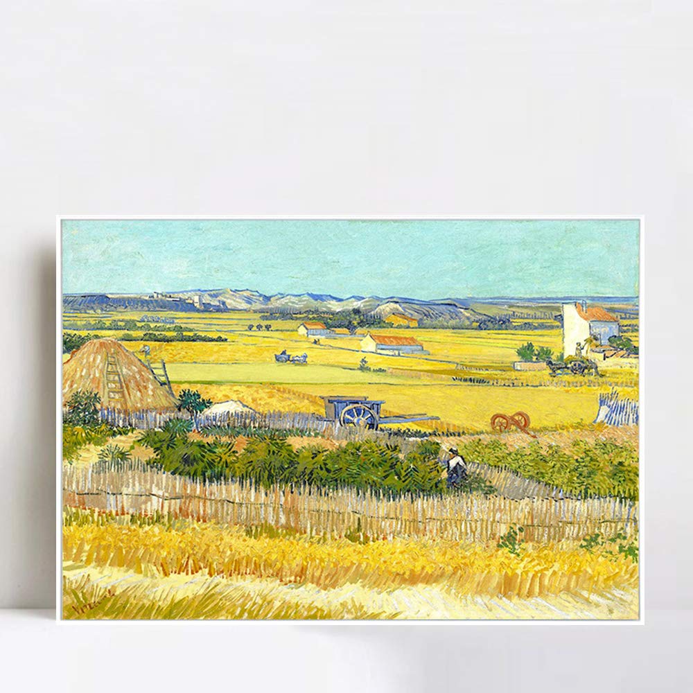 INVIN ART 100% Hand Painted Framed Canvas - Van Gogh Harvest Landscape with Blue Cart Oil Painting Reproduction, 28x40 Inch Modern Wall Art Decor (White Slim Frame) | Perfect for Living Room, Bedroom & Office Decor