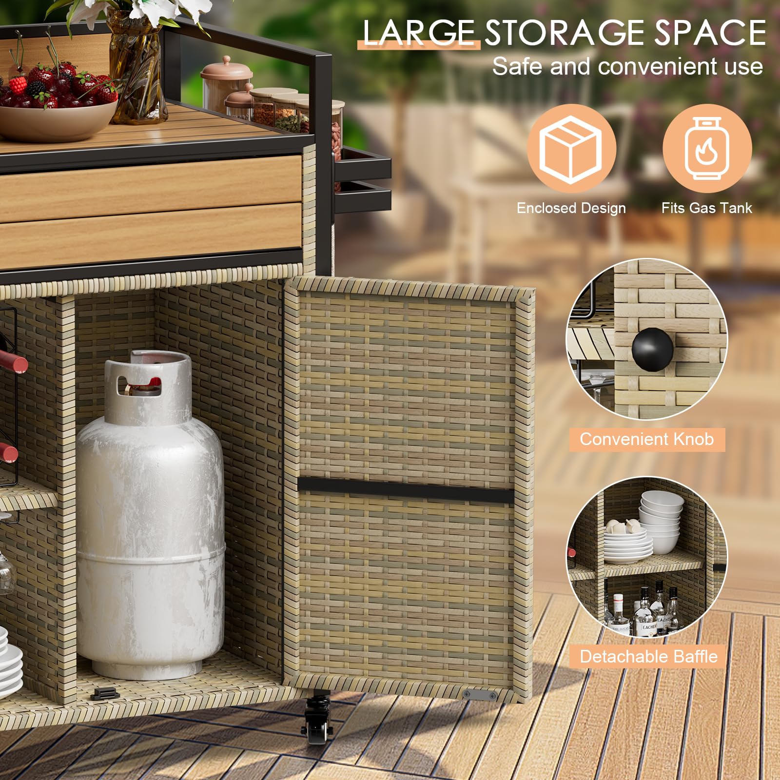 XL Outdoor Kitchen Wicker Rolling Bar Cart with Storage Cabinet & Extendable Plastic Wood Table Top - Mobile Kitchen Island for Patio, Backyard, Garden, Poolside - Double Handle Design, Brown - Perfect for Outdoor Entertaining, BBQ Parties & Poolside Drinks