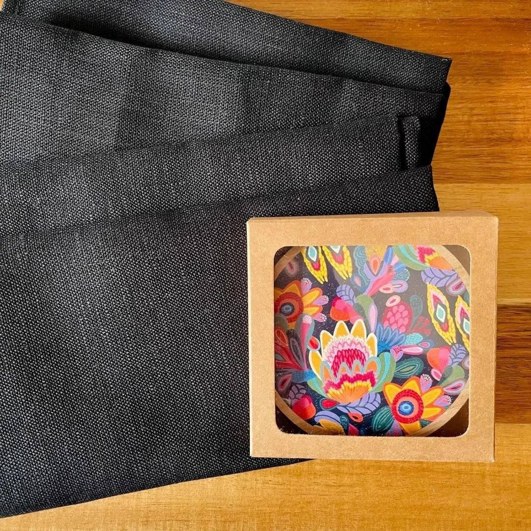 Fantasy Flora Wooden Coasters and Napkin Holder Set - Elegant Home Decor for Dining Table, Coffee Table, and Kitchen - Perfect for Parties, Weddings, and Daily Use