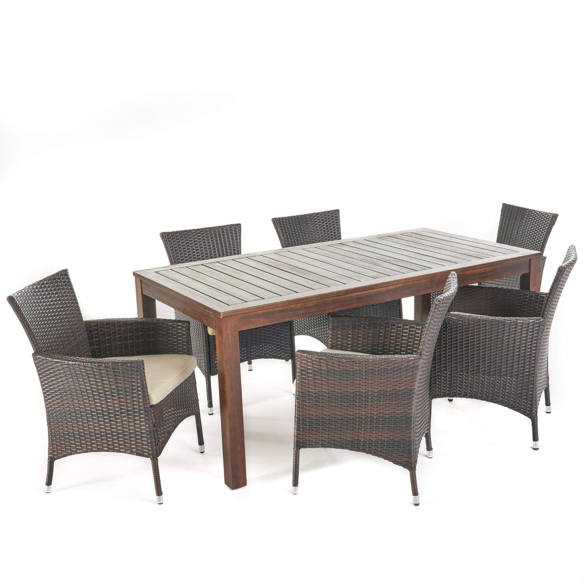 7-Piece Brown Wood Outdoor Patio Dining Set with Beige Cushions - Contemporary Durable Furniture for Garden, Backyard & Poolside Relaxation