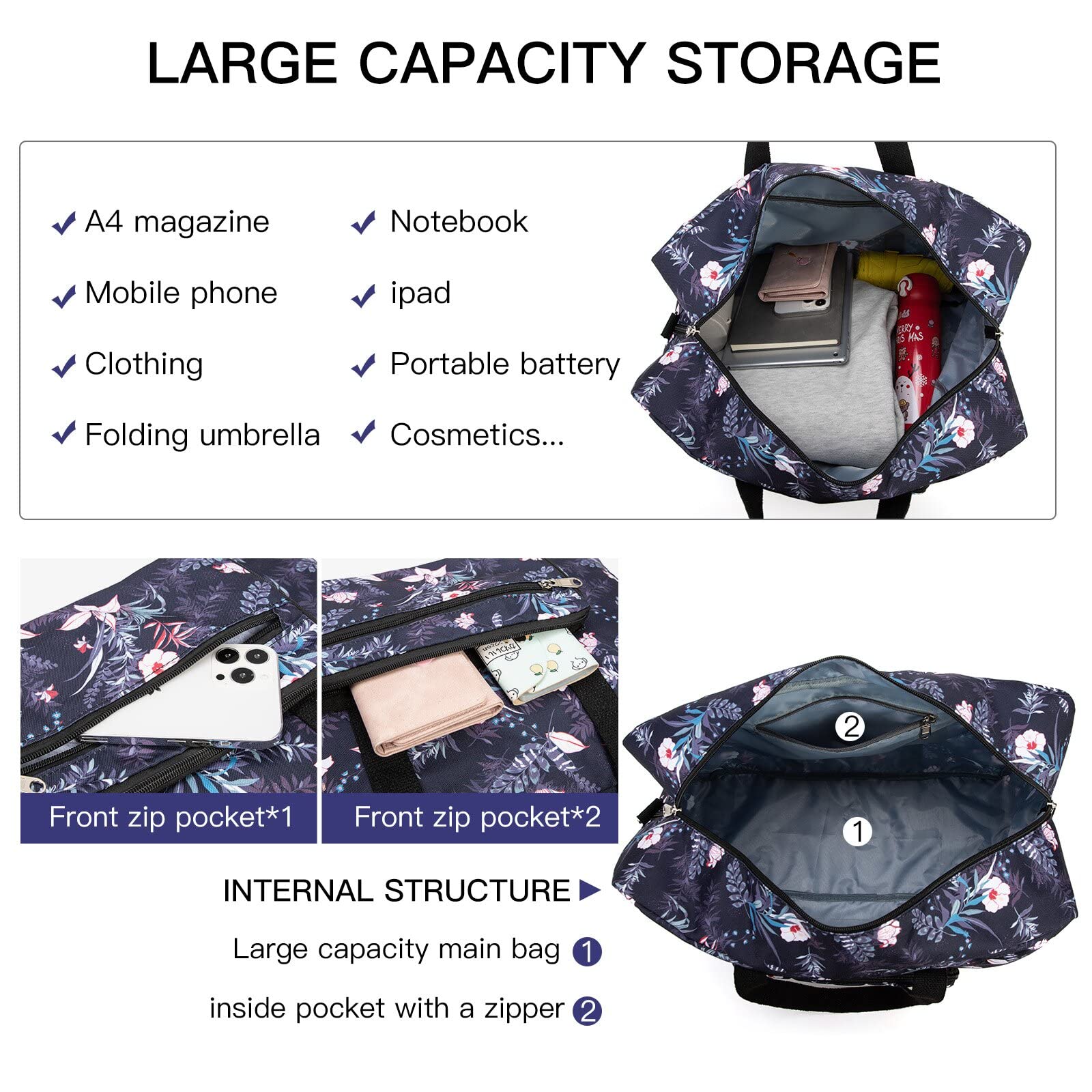 Foldable Travel Duffel Bag for Women - Medium Weekender Overnight Carry On Luggage with Black Floral Pattern | Perfect for Gym, Beach Trips & Weekend Getaways