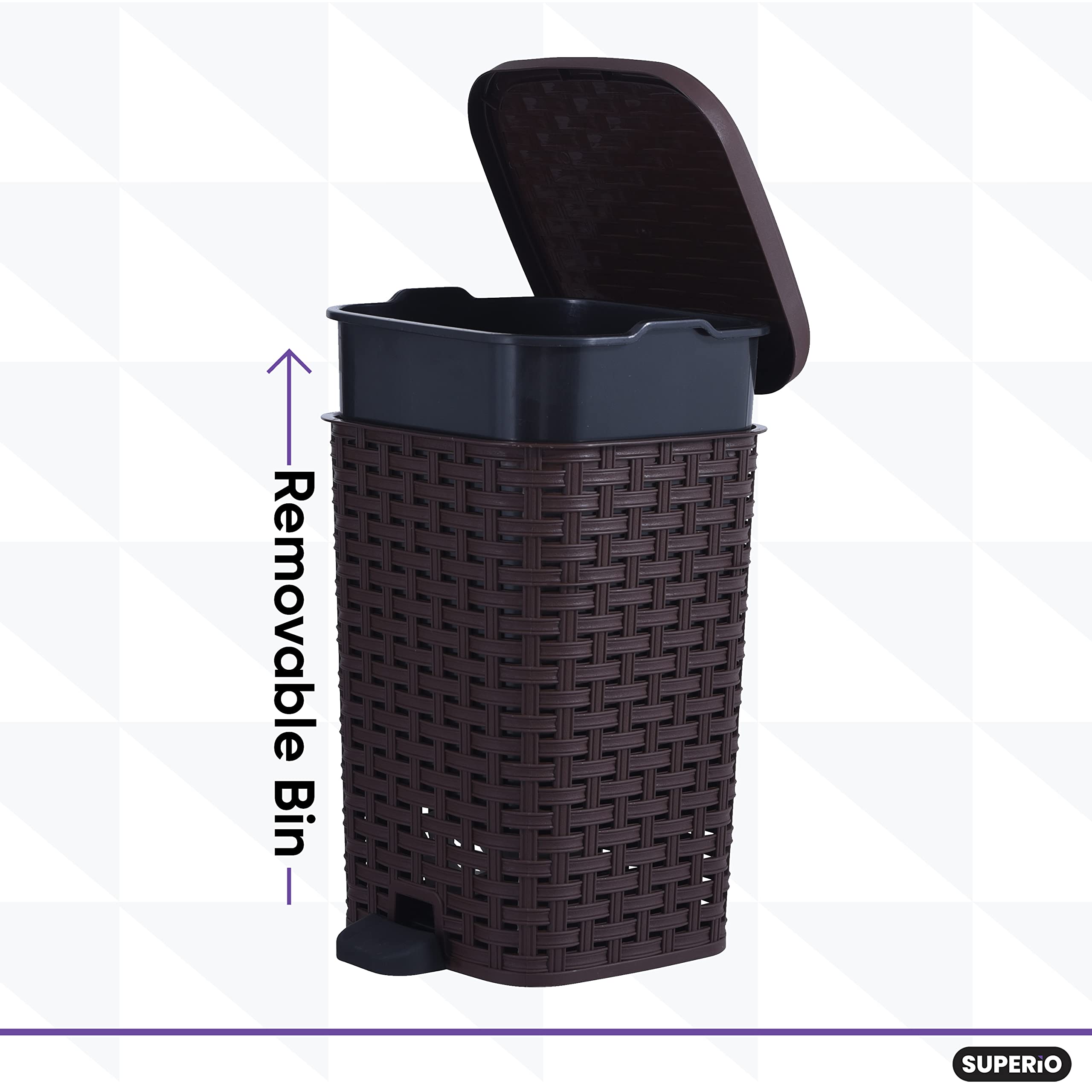 Premium Small Outdoor Trash Can with Lid - 1.5 Gallon/6L Dog Waste Bin - Foot Pedal Plastic Garbage Can for Bathroom, Bedroom, Office, Patio - Wicker Brown Design - Perfect for Pet Owners, Home & Office Organization
