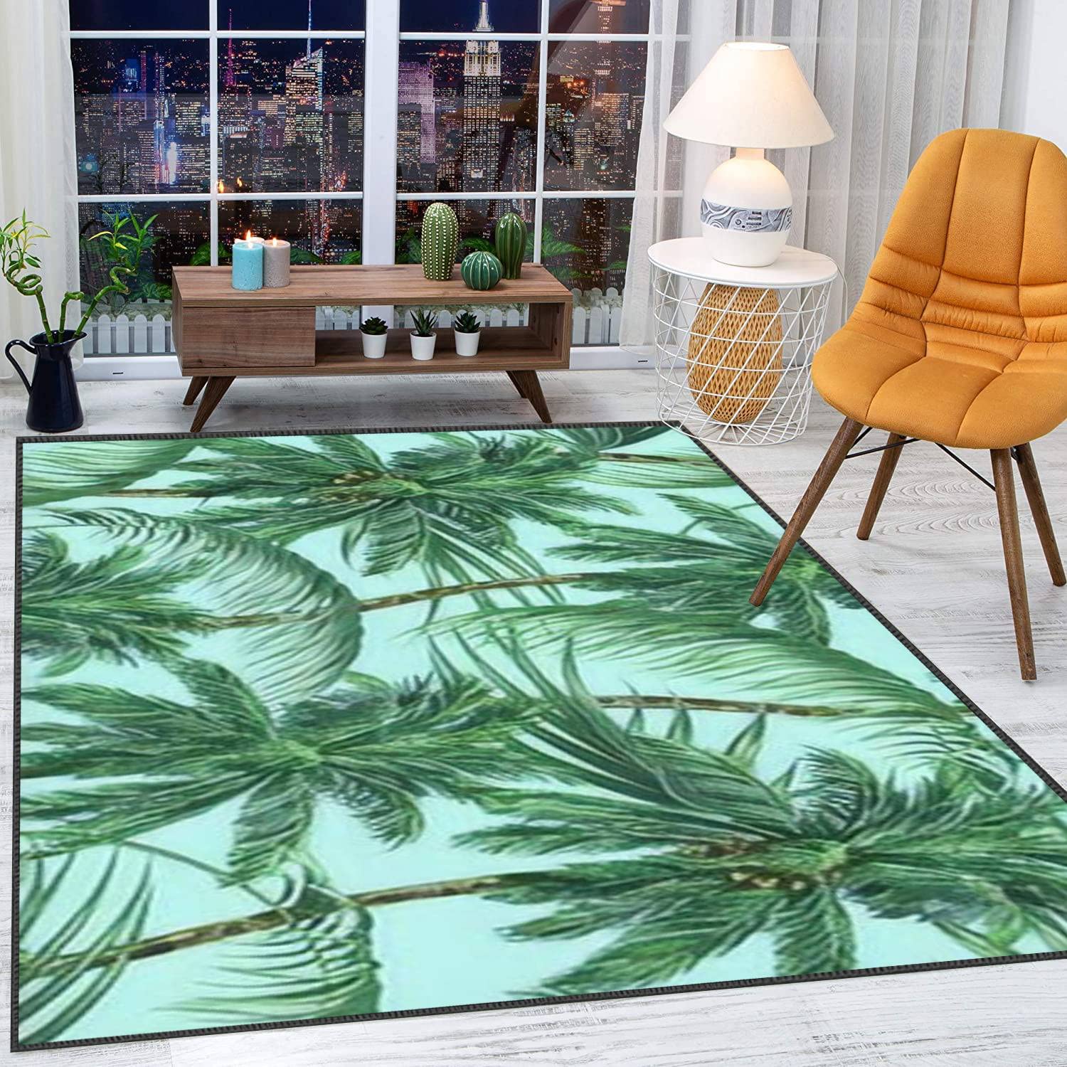 3D Palm Tree Tropical Leaves Non-Slip Area Rug - Modern Home Decor Carpet for Living Room, Bedroom, Playroom & Yoga Mat - Extra Large Size for Girls Room & Classroom Decor | Perfect for Beach-Themed Spaces, Boho Chic Interiors & Kids Play Areas