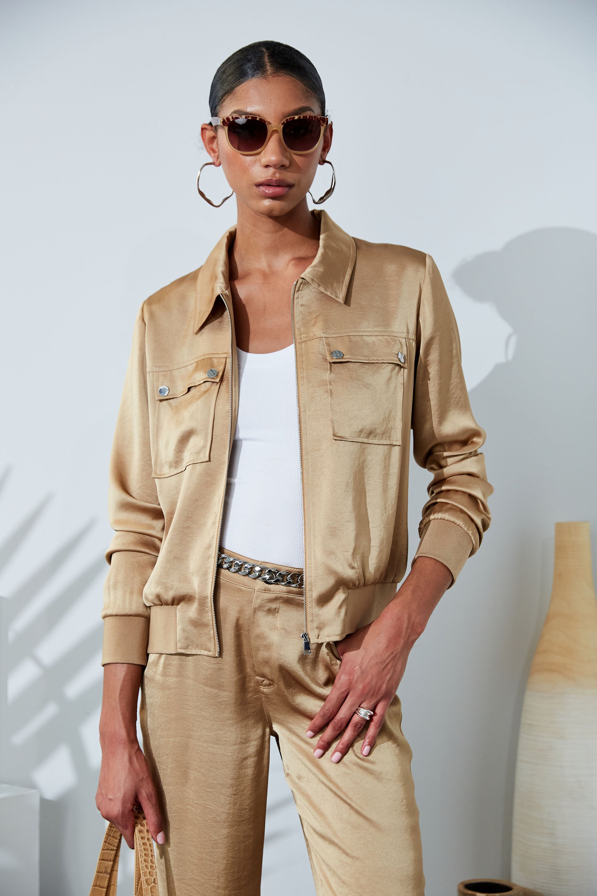 Women's Satin Utility Pocket Jacket - Lightweight Stylish Zip Up Jacket for Casual Wear & Outdoor Activities