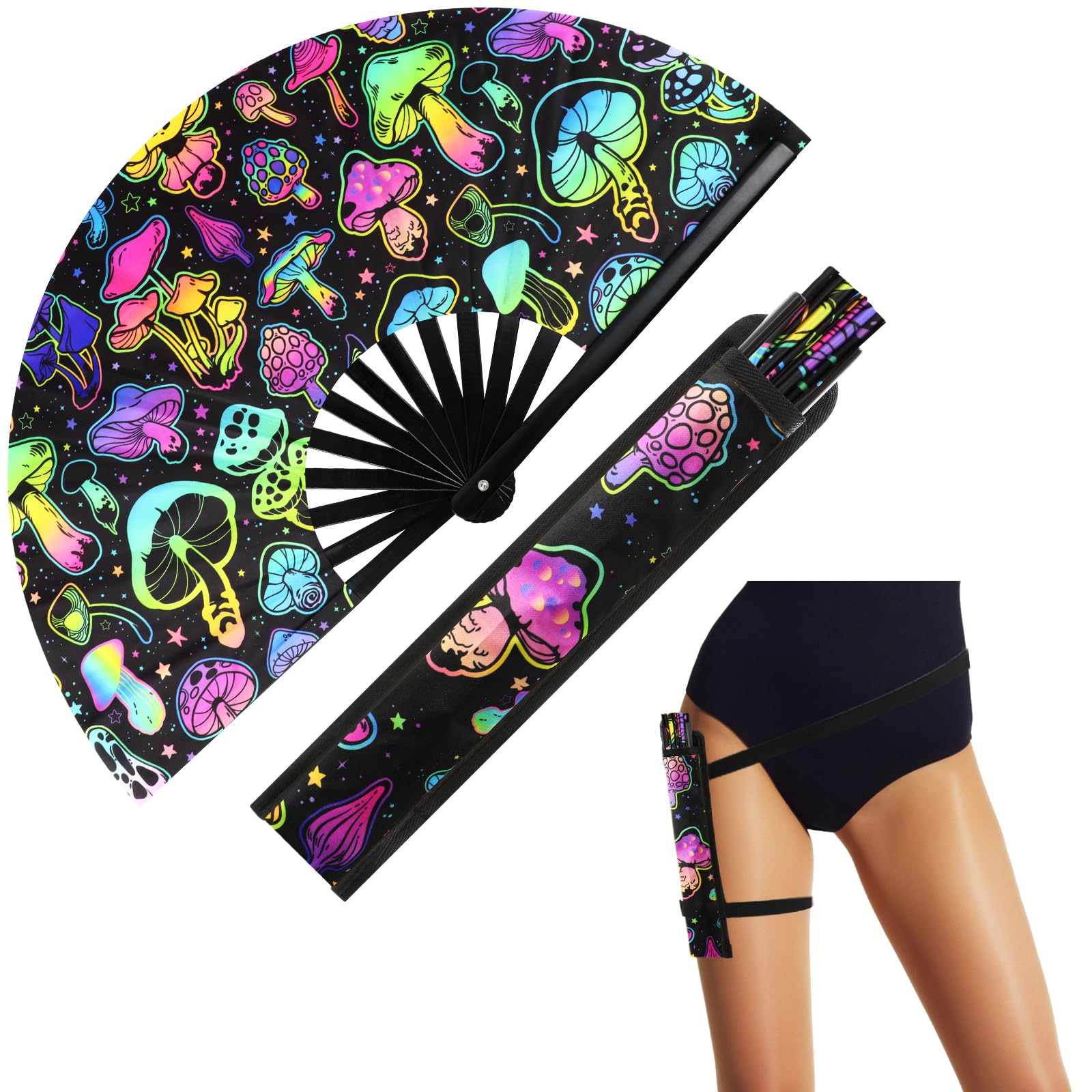 UV Glow Hand Fan with Holster for Rave & EDM Festivals - Large Reflective Mushroom Design Disco Party Accessories for Men & Women - Perfect for Nightclubs, Music Festivals and Glow Parties