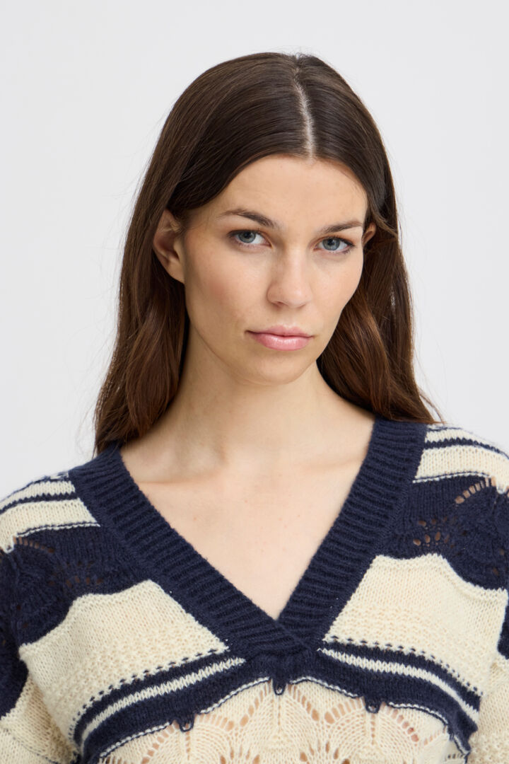Ash V Neck Jumper (Total Eclipse Strip) - Women's Stylish Knit Sweater for Casual Wear & Fall Fashion