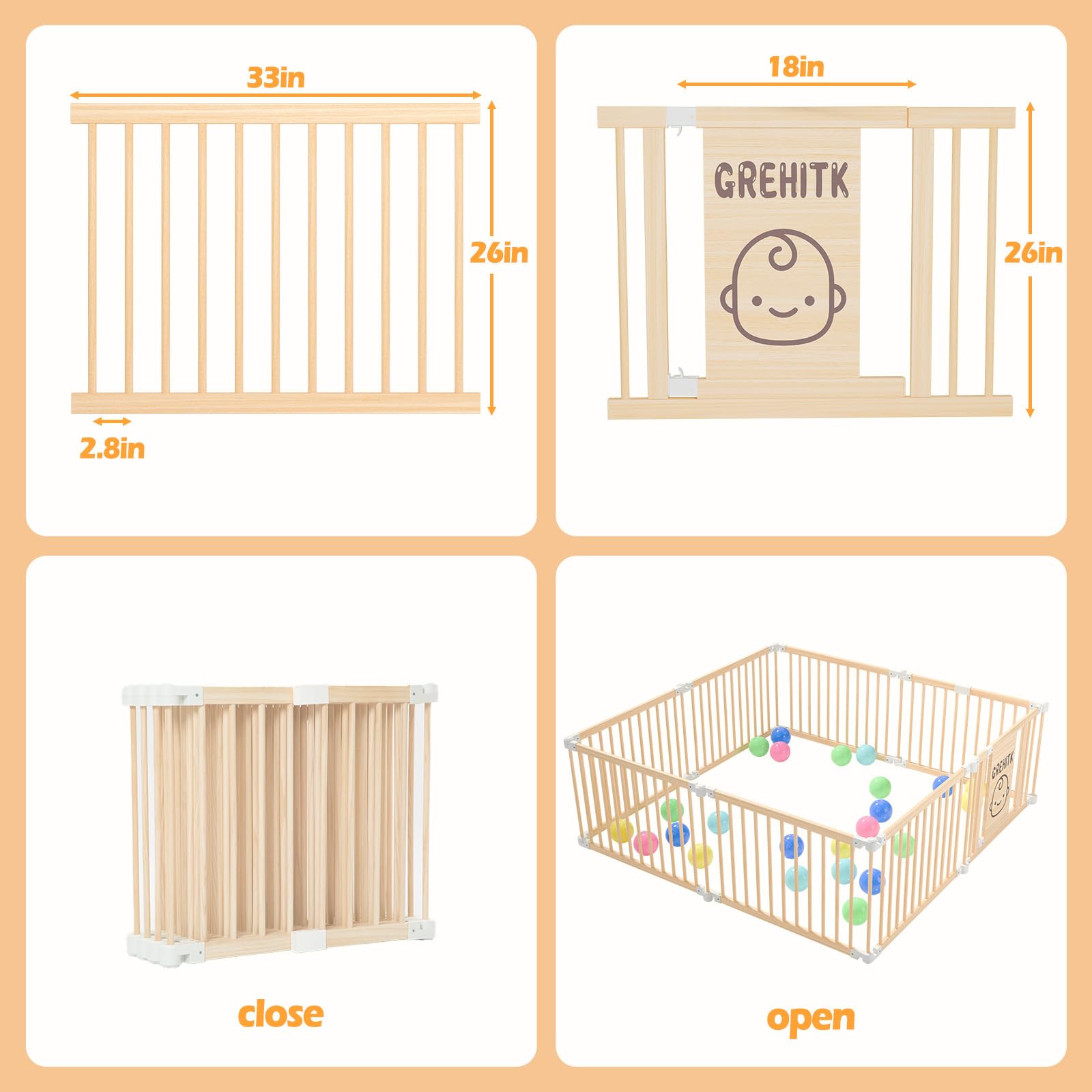 Foldable Wooden Baby Playpen with Locking Door - Adjustable Shape & Size Safety Play Yard for Babies & Toddlers - Perfect for Indoor Play Areas, Daycare Centers & Home Childproofing