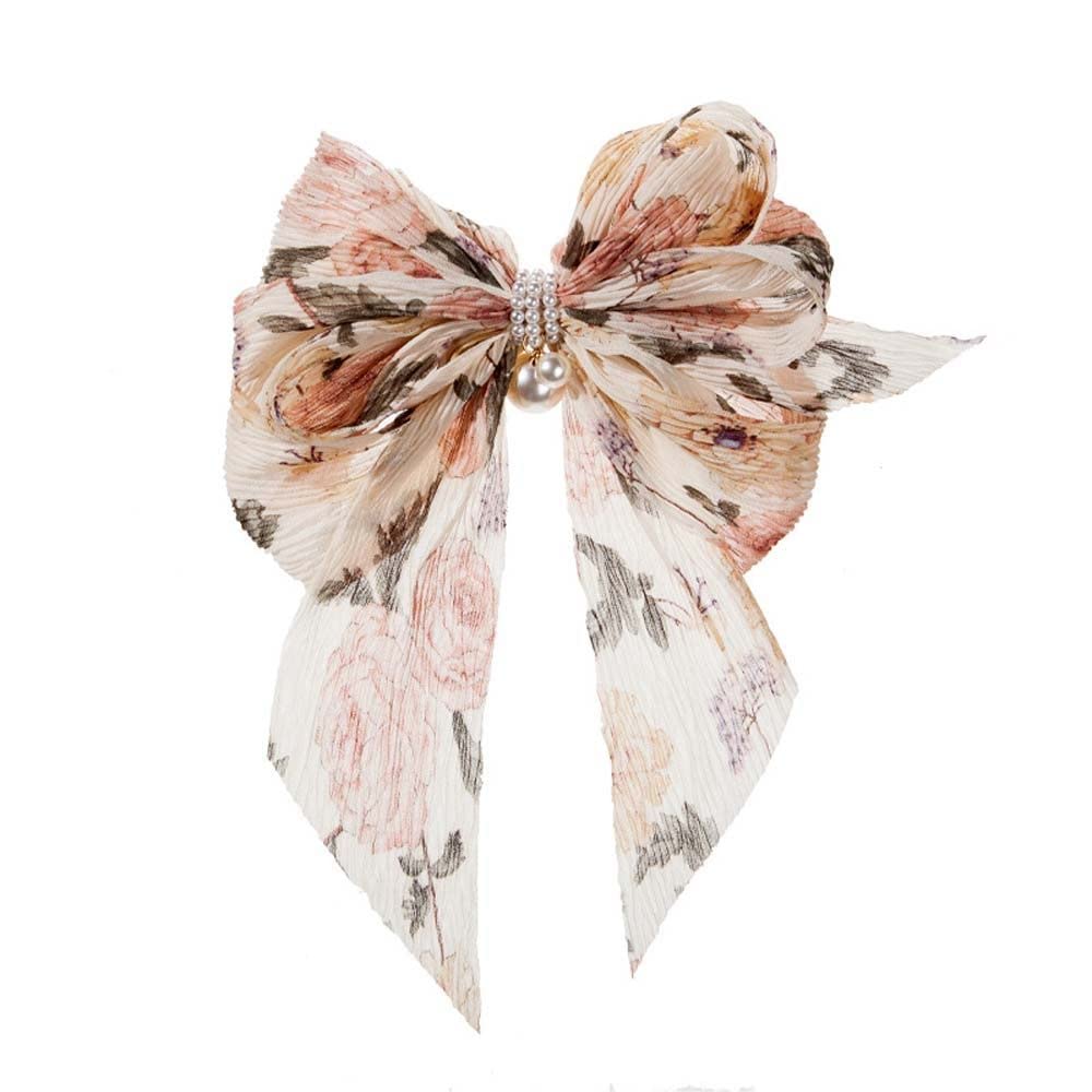 ASG Floral Korean Pearl Chiffon Bow Hair Clip - Large Bowknot Spring Hairpin for Women & Girls, Strong Hold Hair Accessory for Wedding, Party & Daily Use