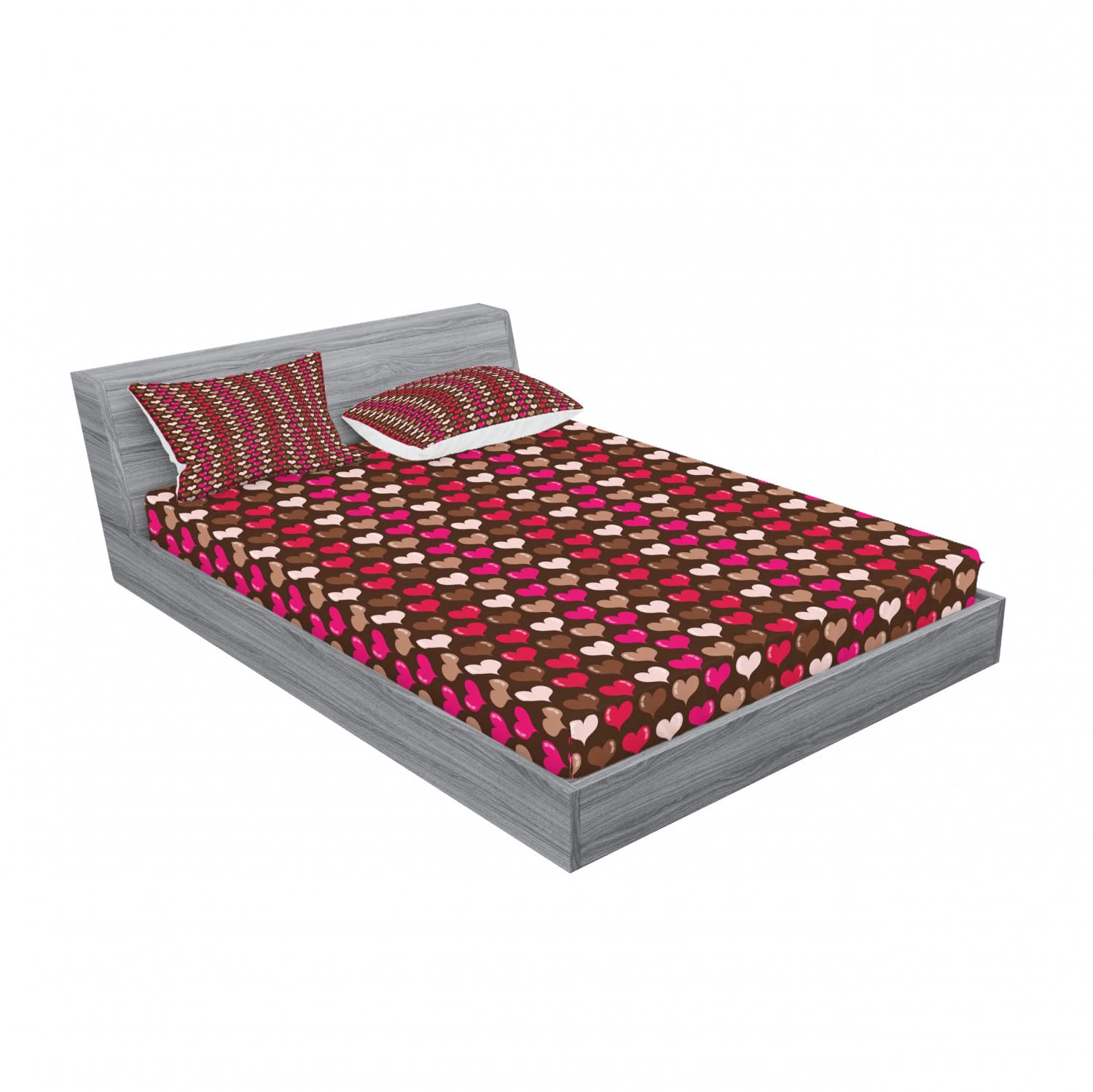 Ambesonne Valentine 2-Piece Queen Size Bedding Set - 2 Fitted Sheets & 4 Pillow Shams, Romantic Heart Print in Brown & Fuchsia for Couples Bedroom Decor | Perfect for Valentine's Day, Anniversary Gifts & Romantic Home Decor