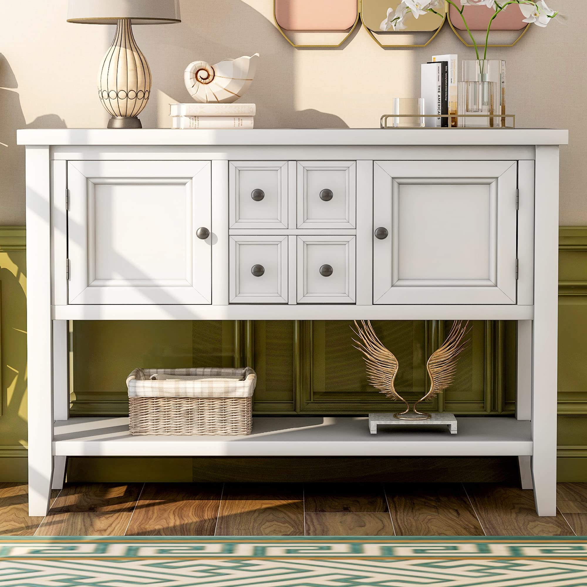 Farmhouse Console Table with Drawer - Rustic Sideboard Buffet Cabinet with Storage for Living Room & Kitchen | Entryway Organizer, Hallway Decor, Dining Room Storage Solution