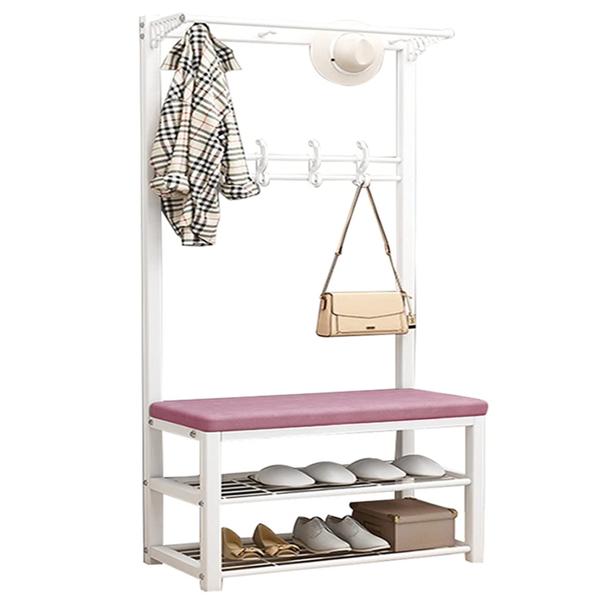 Mixfom 3-in-1 Entryway Hall Tree with Storage Shelves, Coat Rack with Hooks & Shoe Bench - Sturdy Wooden Organizer for Hallway, Living Room, Bedroom (80x33x170cm, Pink) - Easy Assembly Space-Saving Solution for Small Apartments & Entryways