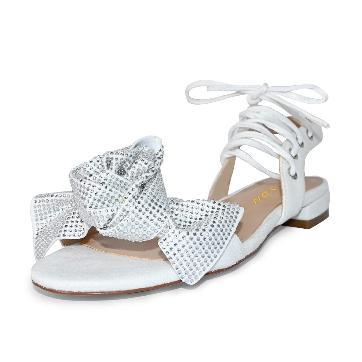YDN Women's Round Open Toe Rhinestone Bow Tie Sandals - Comfortable Dressy Summer Flats for Casual Outings & Beach Vacations (US Size 4-15)