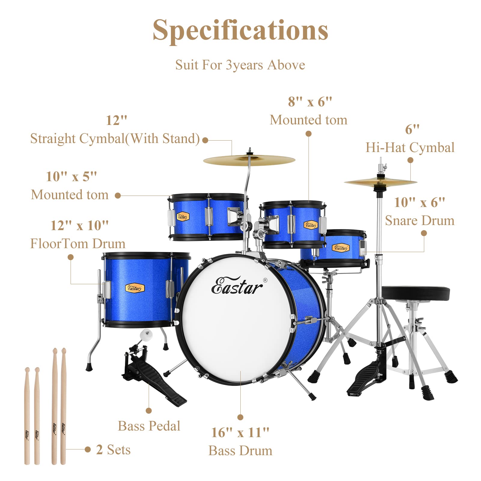 Eastar Kids Drum Set - 16 Inch 5-Piece Beginner Drum Kit with Adjustable Throne, Cymbal, Pedal & Drumsticks, Metallic Blue (EDS-350MBE) - Perfect for Home Practice, Music Lessons & Birthday Gifts