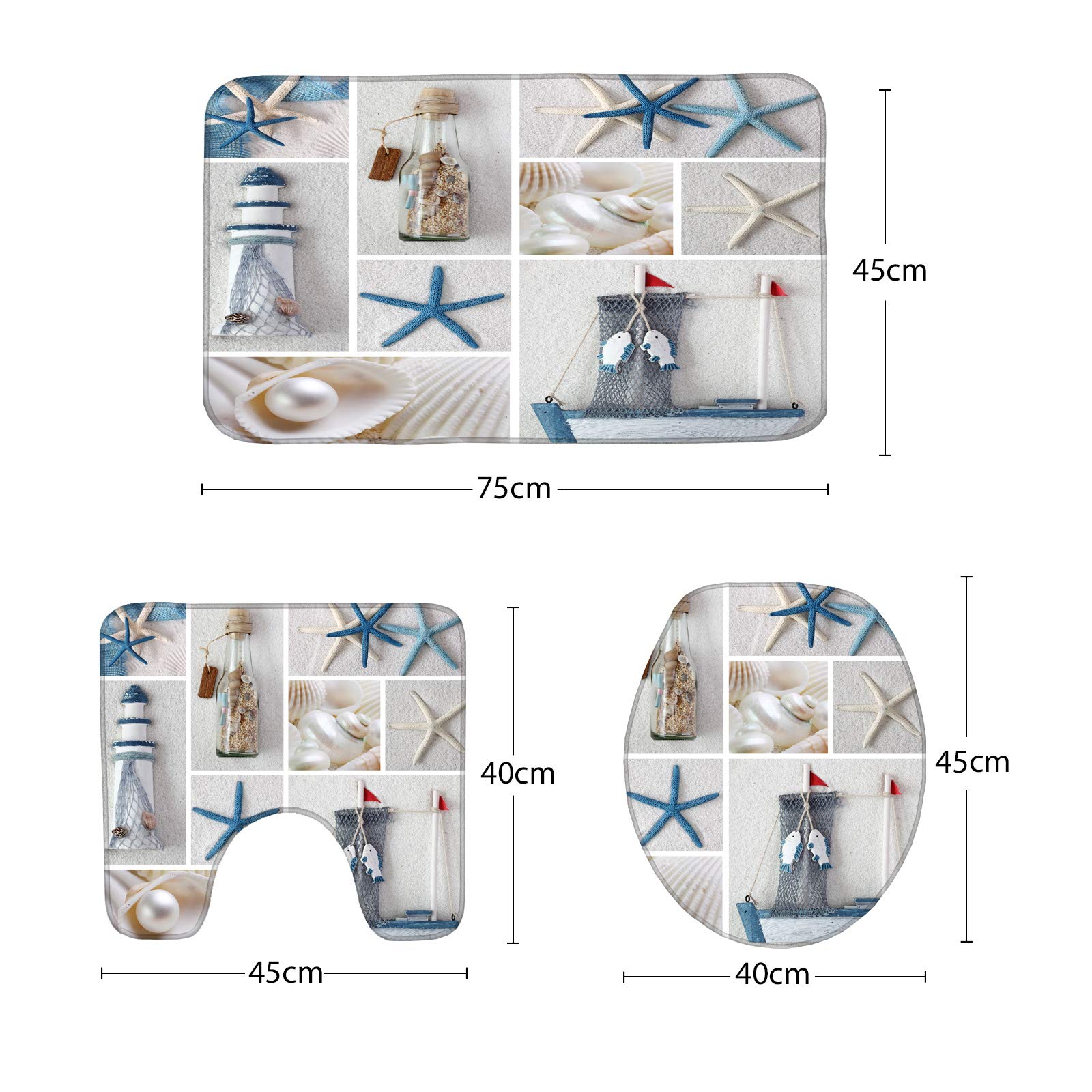 3-Piece Starfish Bathroom Set - Non-Slip Sea Star Bath Mat, Contour Mat & Toilet Cover | Coastal Decor for Beach House, Bathroom & Guest Room
