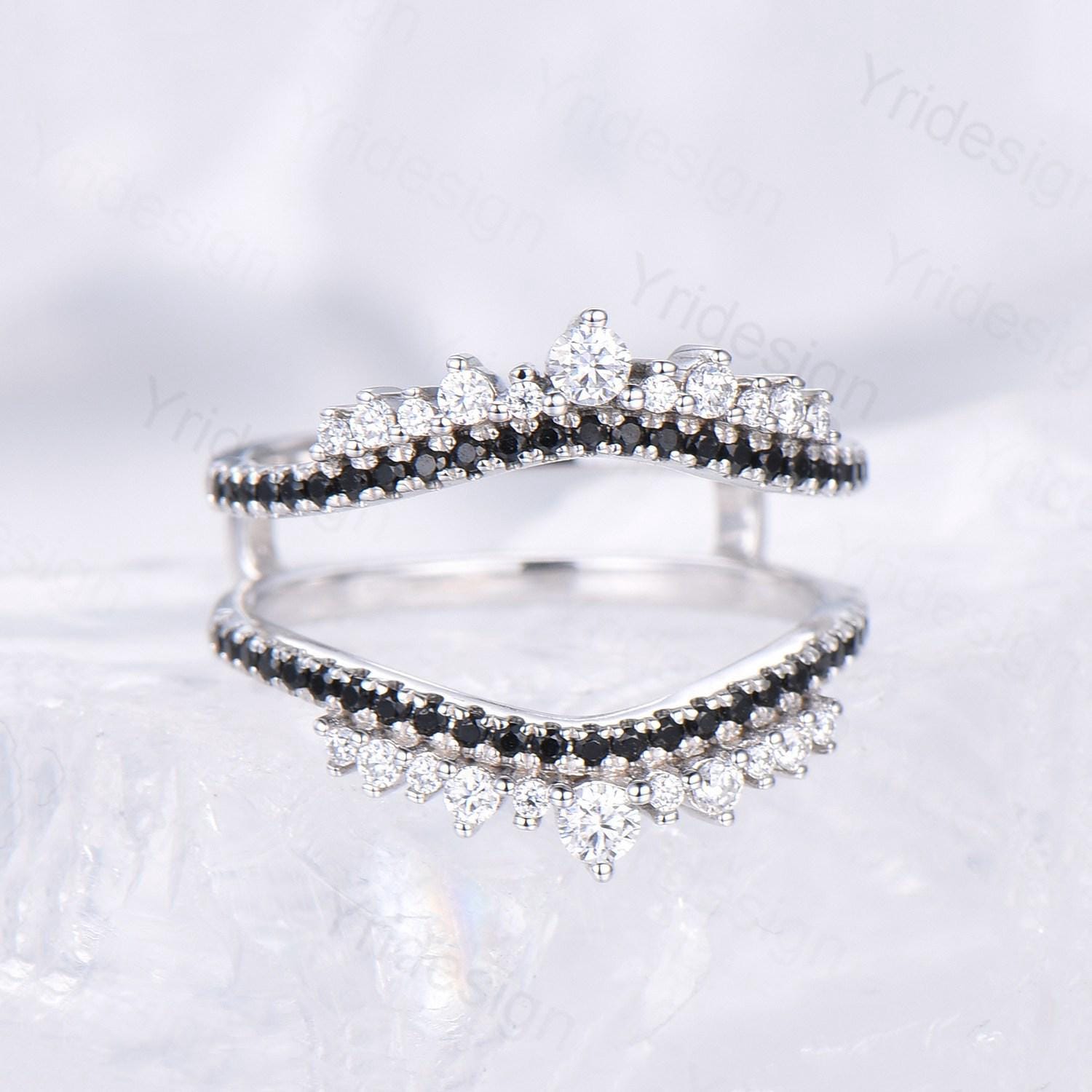Art Deco Double Curved Moissanite Wedding Band for Women - Snowdrift Promise Ring with Black Diamonds - Stackable Bridal Matching Ring for Her - Perfect for Anniversaries, Engagements & Everyday Elegance