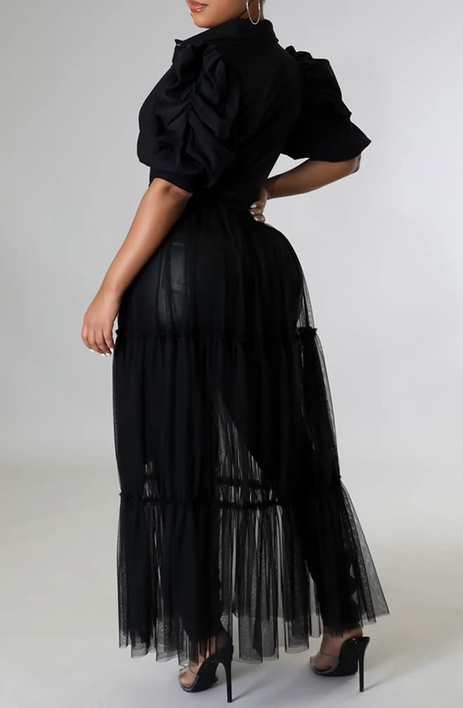 Choichic Women's Sheer Mesh Patchwork Maxi Dress - Button Down High Waist Short Sleeve Tunic with Belt | Boho Chic Summer Beach Coverup, Party & Casual Outfit