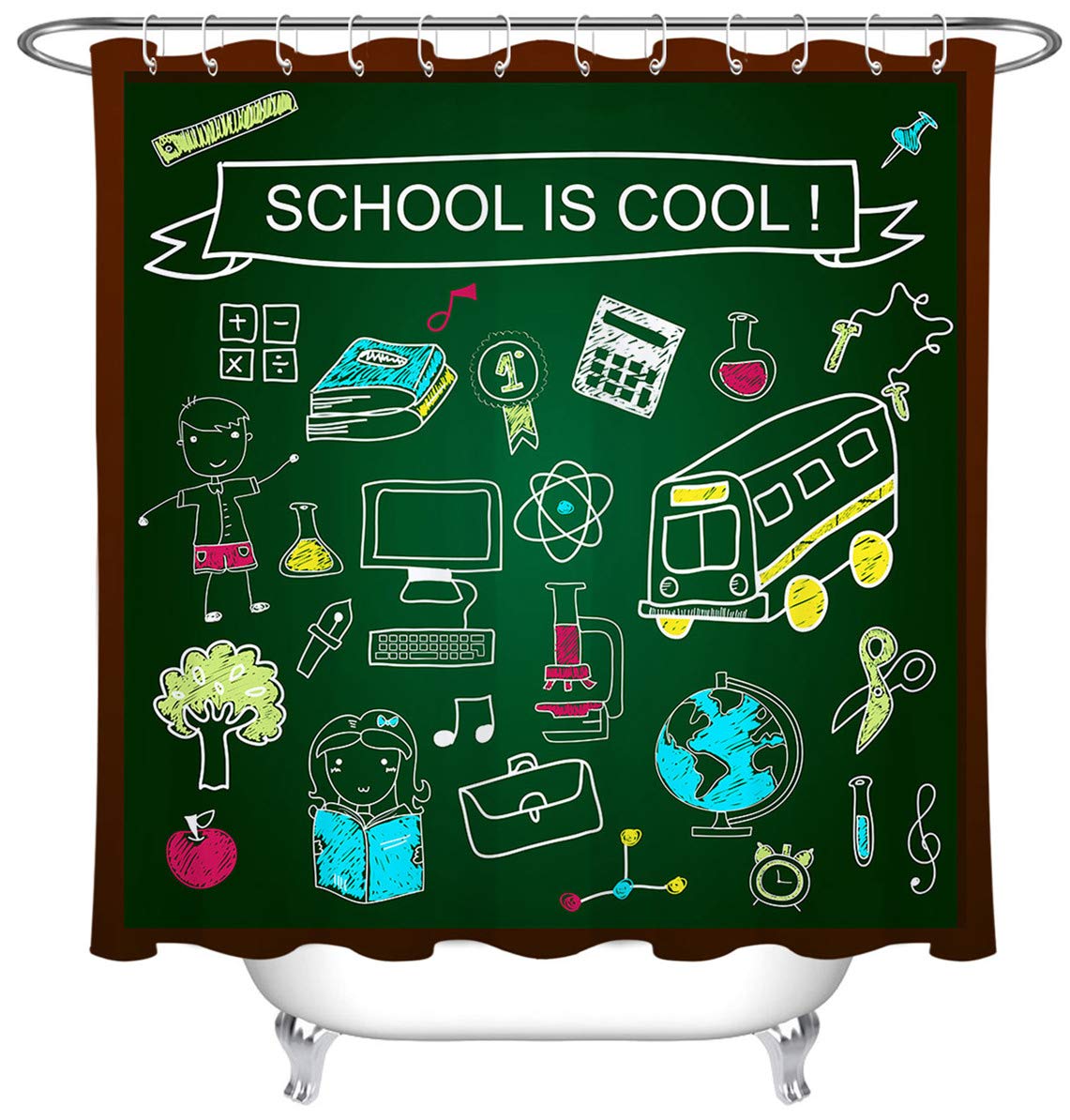 LB Kids Educational School Bus Science Shower Curtain Set - 72 x 72 Inch Waterproof Fabric with Hooks, Back to School Bathroom Decor for Children's Learning & Playtime