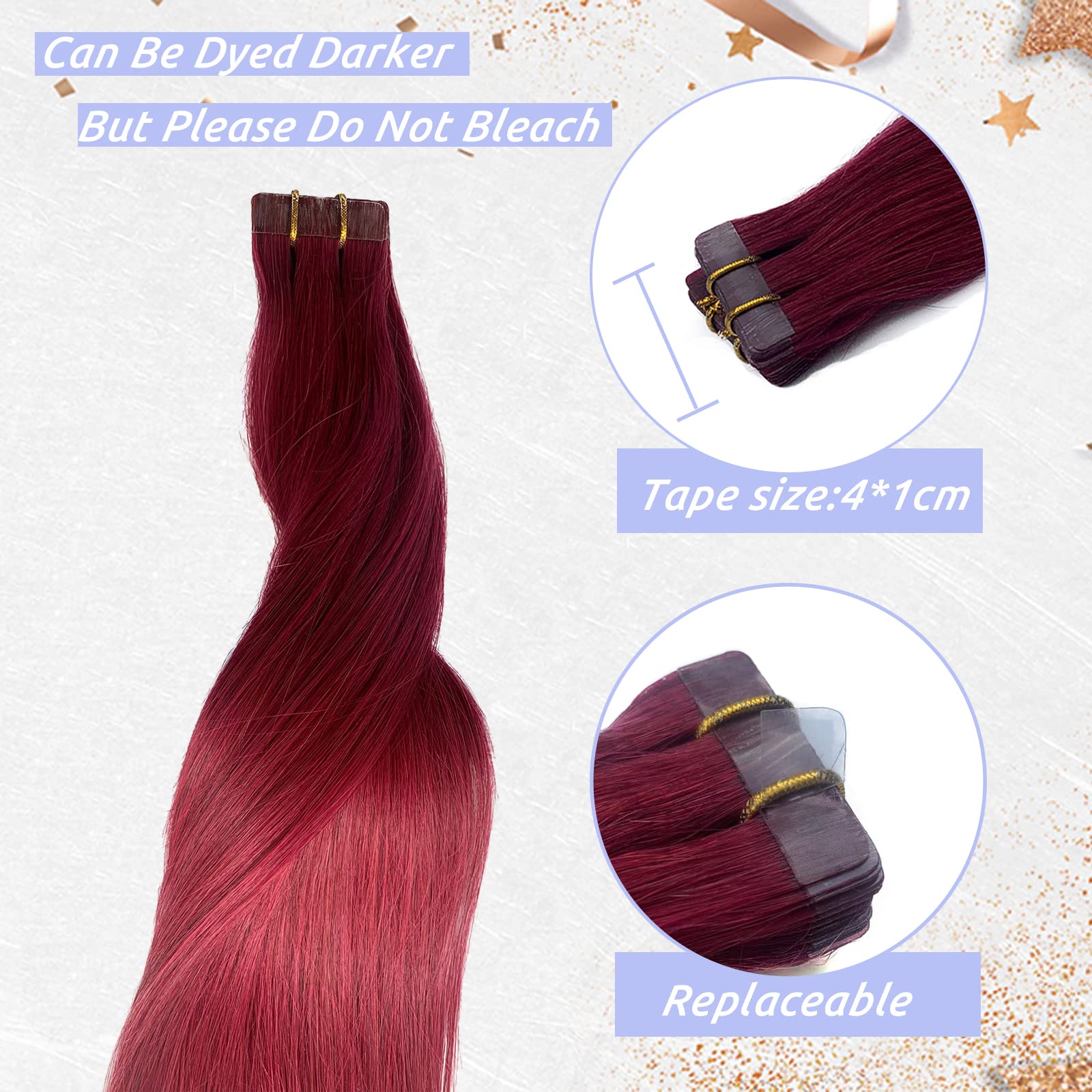 Smavida Tape in Hair Extensions #99J Red Wine - 20pcs/30g Human Hair Wefts | Seamless Skin Weft Silk Straight Remy Hair Extensions with Glue | Perfect for Parties, Weddings & Daily Styling