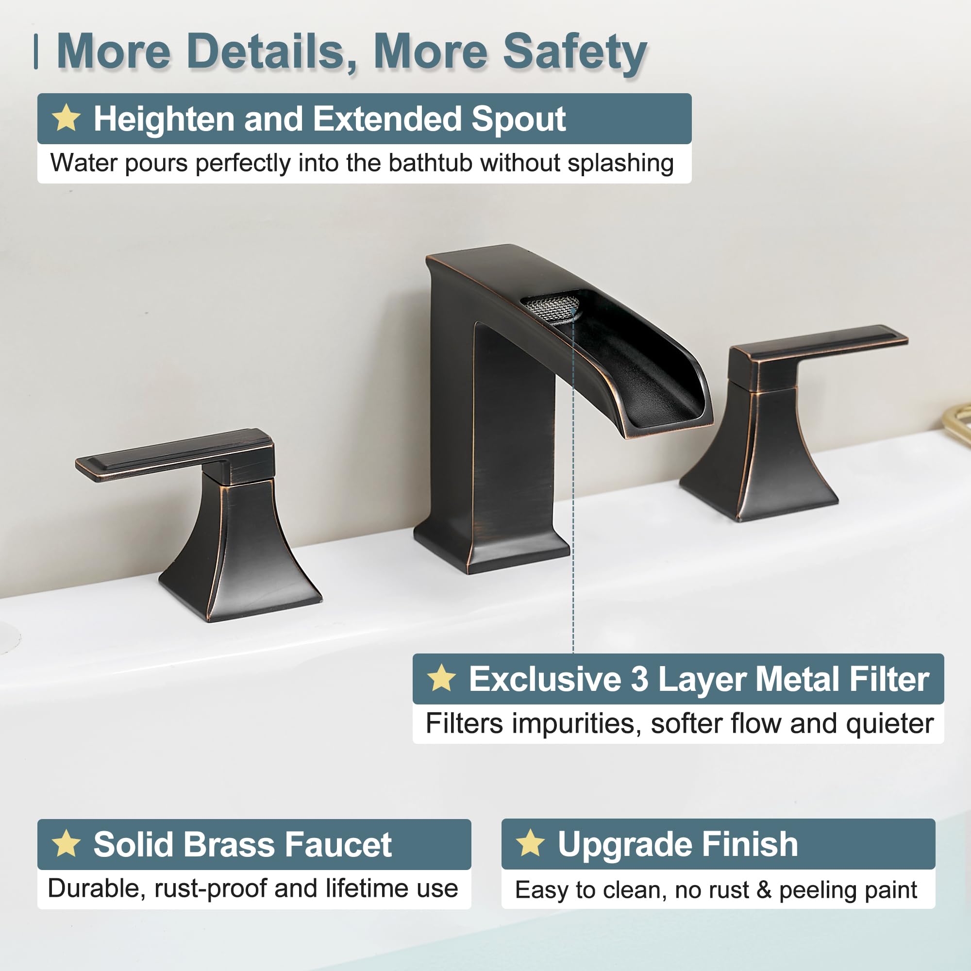 Premium Solid Brass Oil Rubbed Bronze Waterfall Roman Tub Faucet - High Flow Deck Mount Bathtub Faucet Set with 2 Handles (3 Hole Widespread) - Leak-Proof & Easy 15-Minute Installation - Perfect for Luxury Bathrooms, Spa Retreats & Modern Home Decor