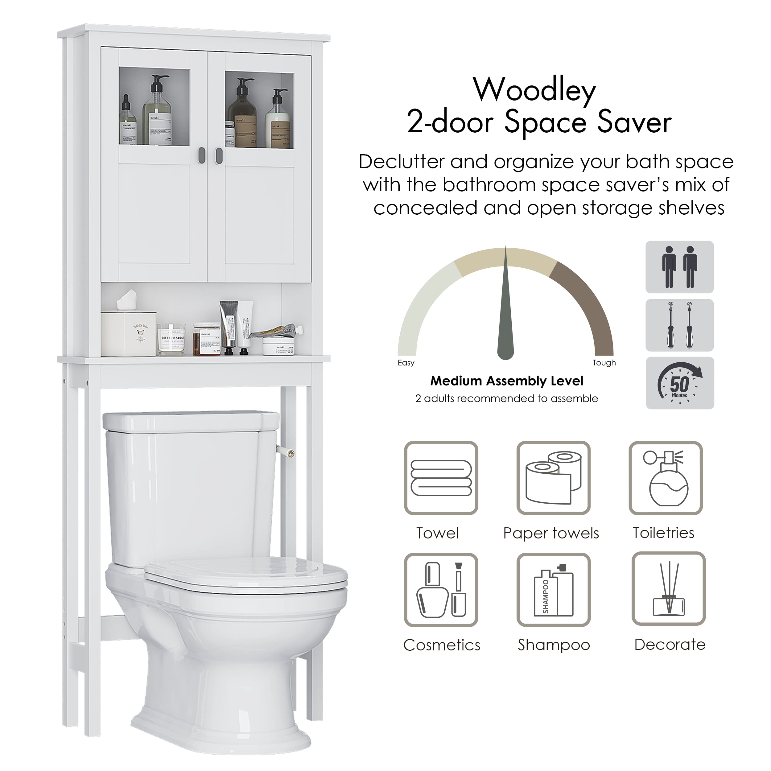 White Over The Toilet Storage Cabinet with Glass Doors & Adjustable Shelves - Bathroom Space Saving Organizer for Towels, Toiletries & Cosmetics