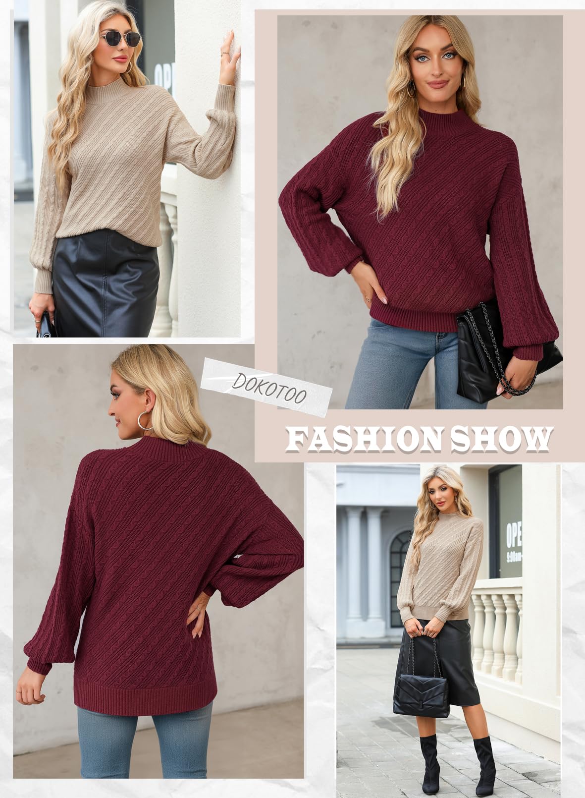 Dokotoo Women's 2024 Fall Sweaters - Fashion Cable Knit Mock Neck Lantern Sleeve Casual Loose Pullover Tops | Cozy Autumn Outfits & Layering Essentials