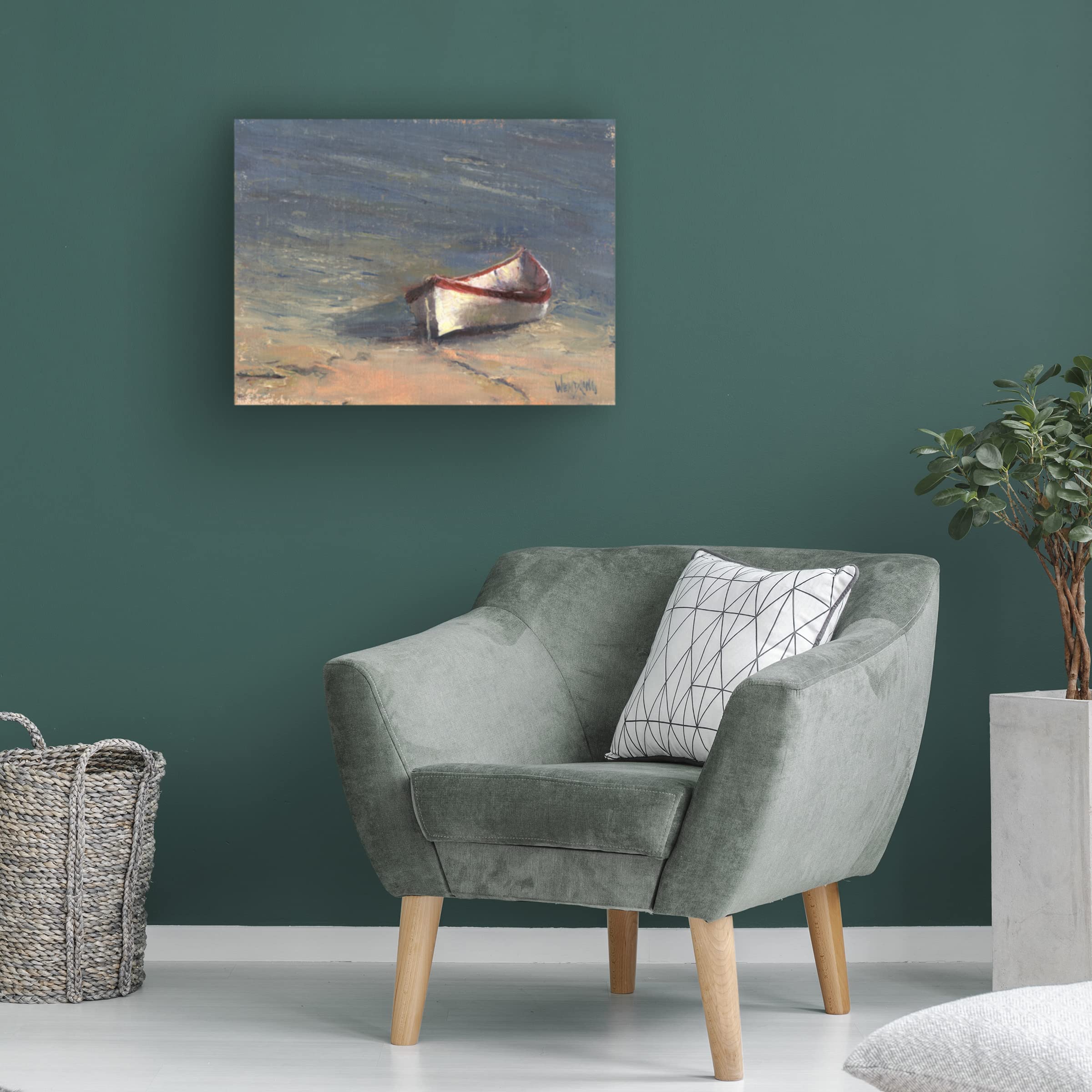 Trademark Fine Art 'Beached Boat I' Canvas Wall Art Print by Marilyn Wendling - Coastal Beach House Decor, Nautical Living Room Painting, Ocean Themed Bedroom Wall Art