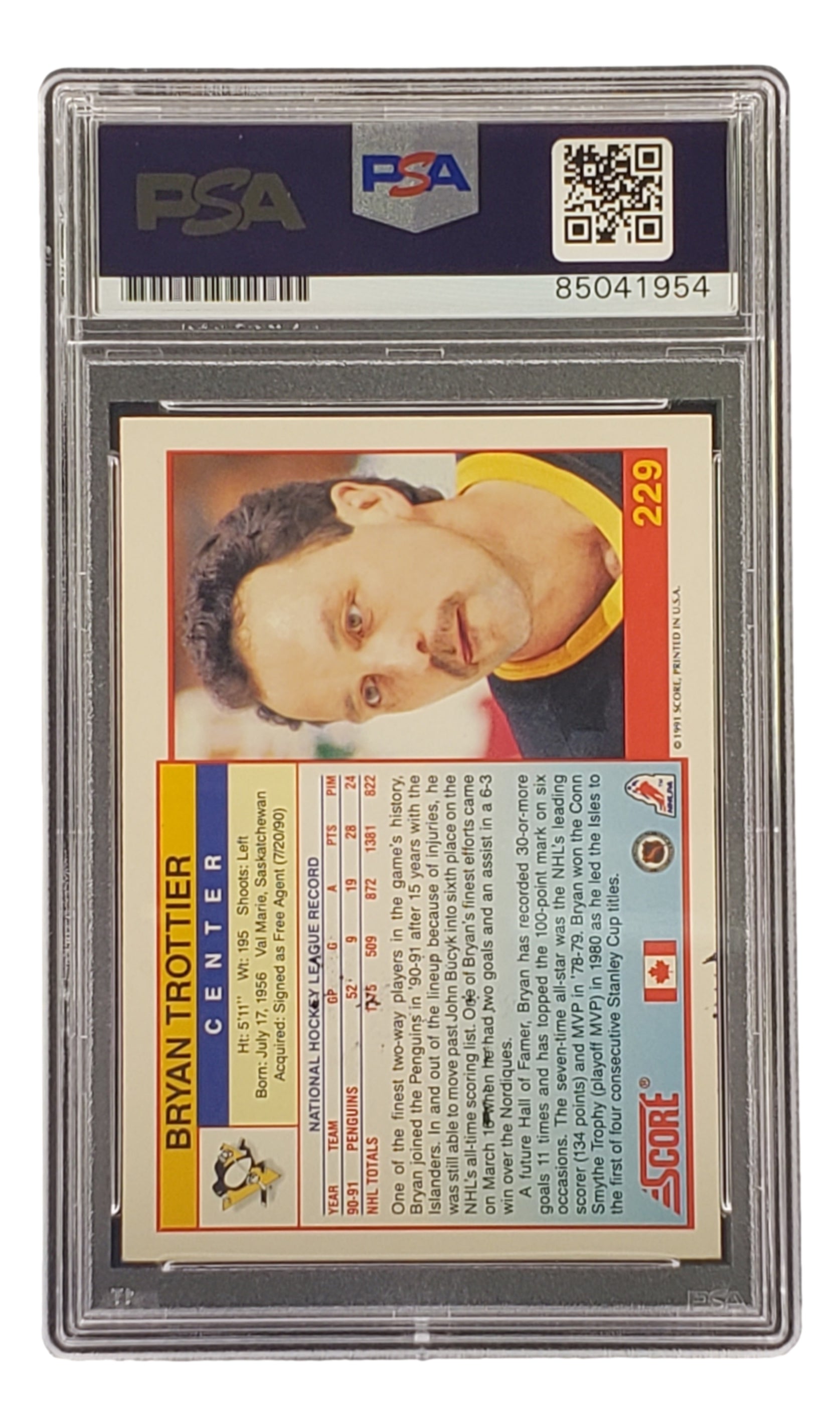 Bryan Trottier Autographed 1991 Score #229 Pittsburgh Penguins NHL Hockey Card - PSA/DNA Certified - Perfect for Hockey Memorabilia Collectors & Sports Fans Display