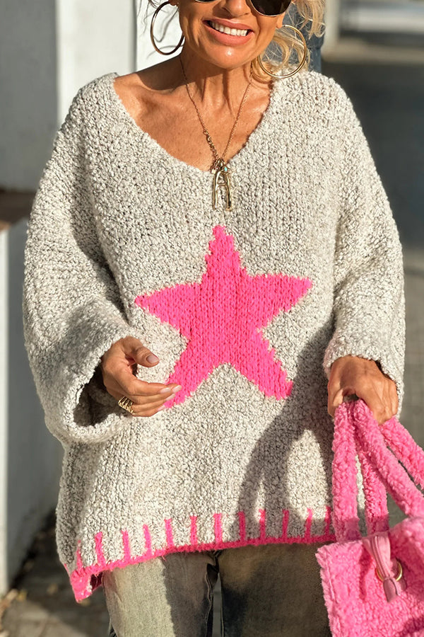 Cozy Winter Knit Sweater with Star Pattern & Contrast Colors - Loose Fit for Casual Outings, Holiday Gatherings & Cold Weather Fashion