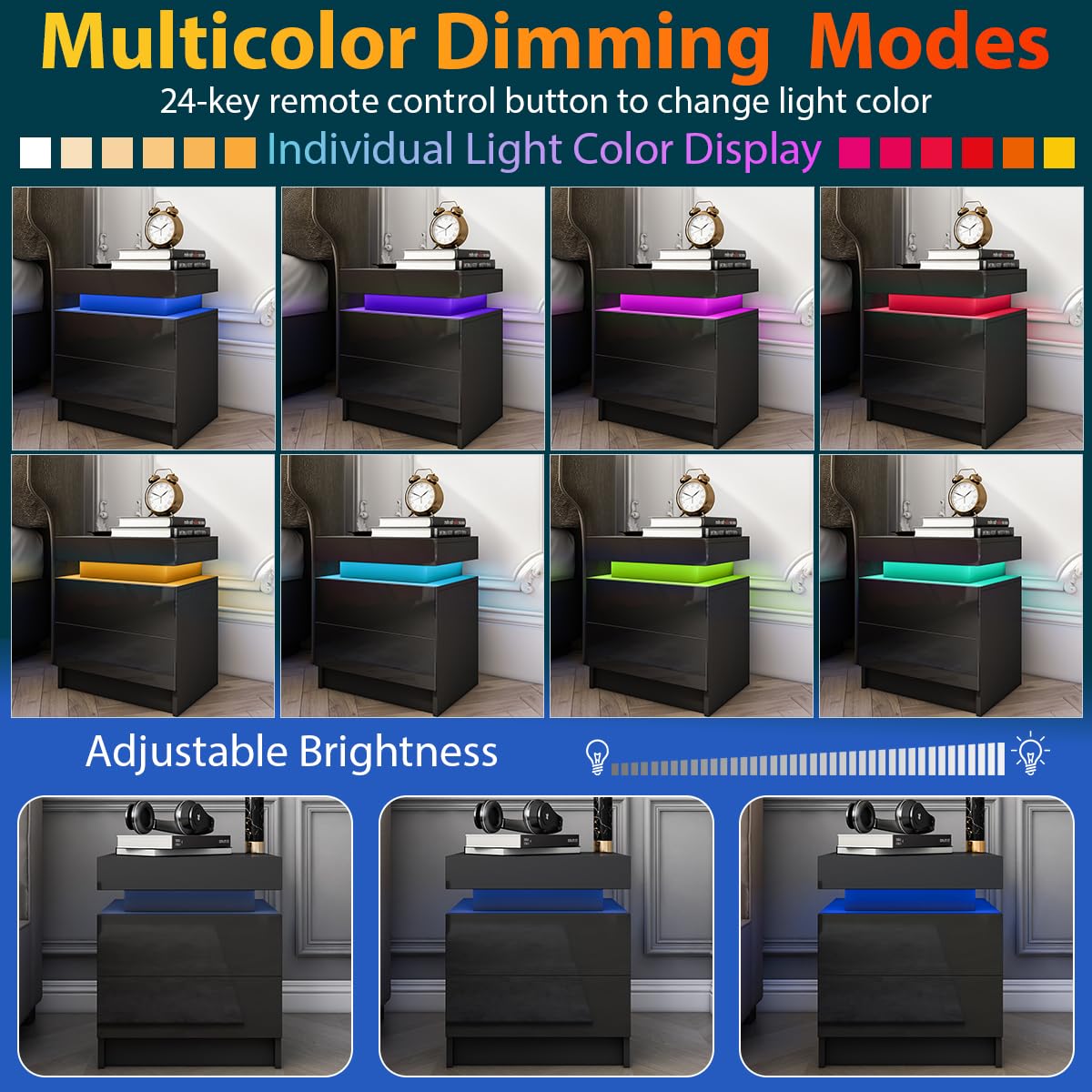 Modern LED Nightstand with 2 Drawers - Smart Bedside Table for Bedroom - Night Light & Storage Solution