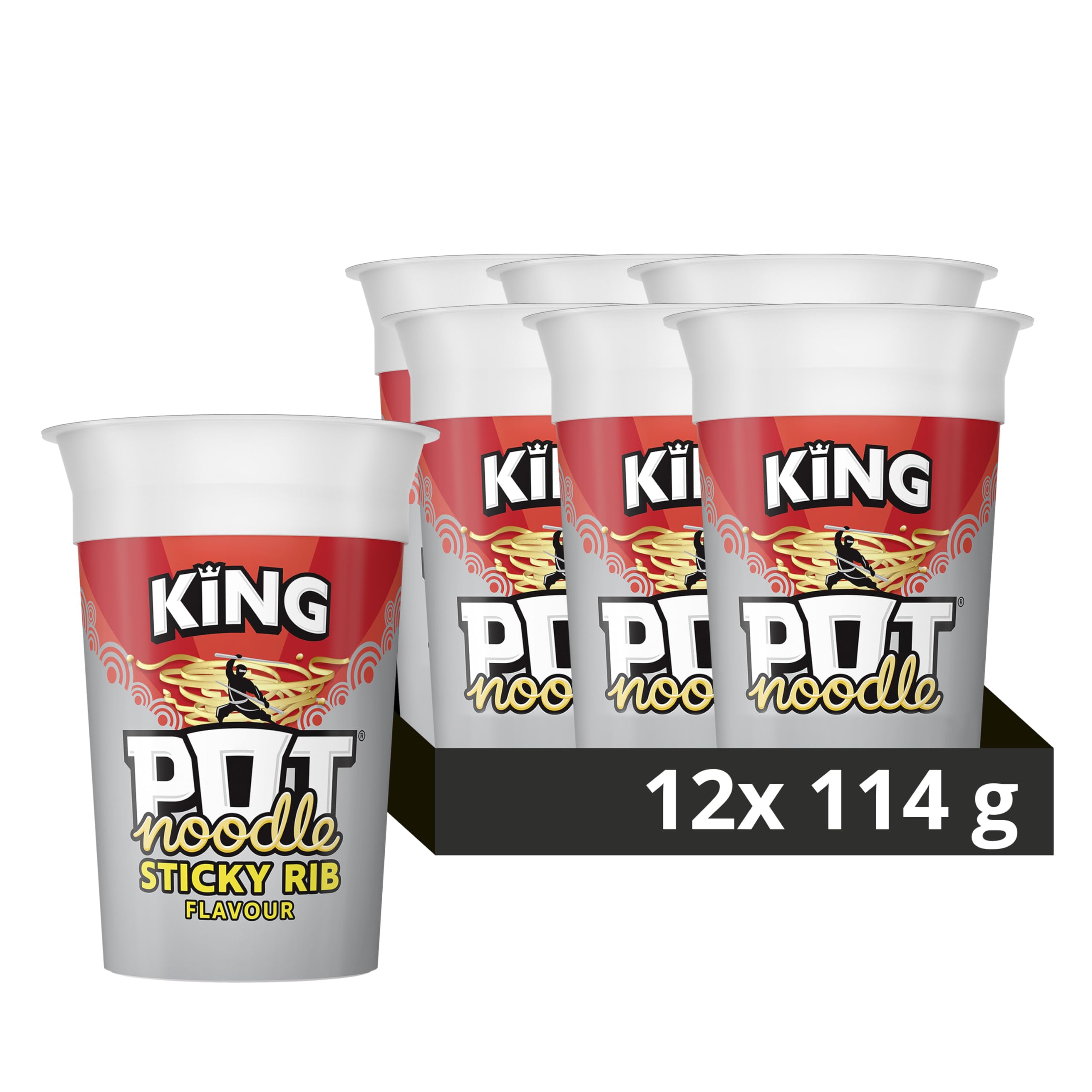 Pot Noodle Sticky Rib King Flavor - 12 Pack Instant Vegan Noodles (114g Each) | Quick & Easy Meal for Office Lunch, College Dorm Snacks & Camping Trips