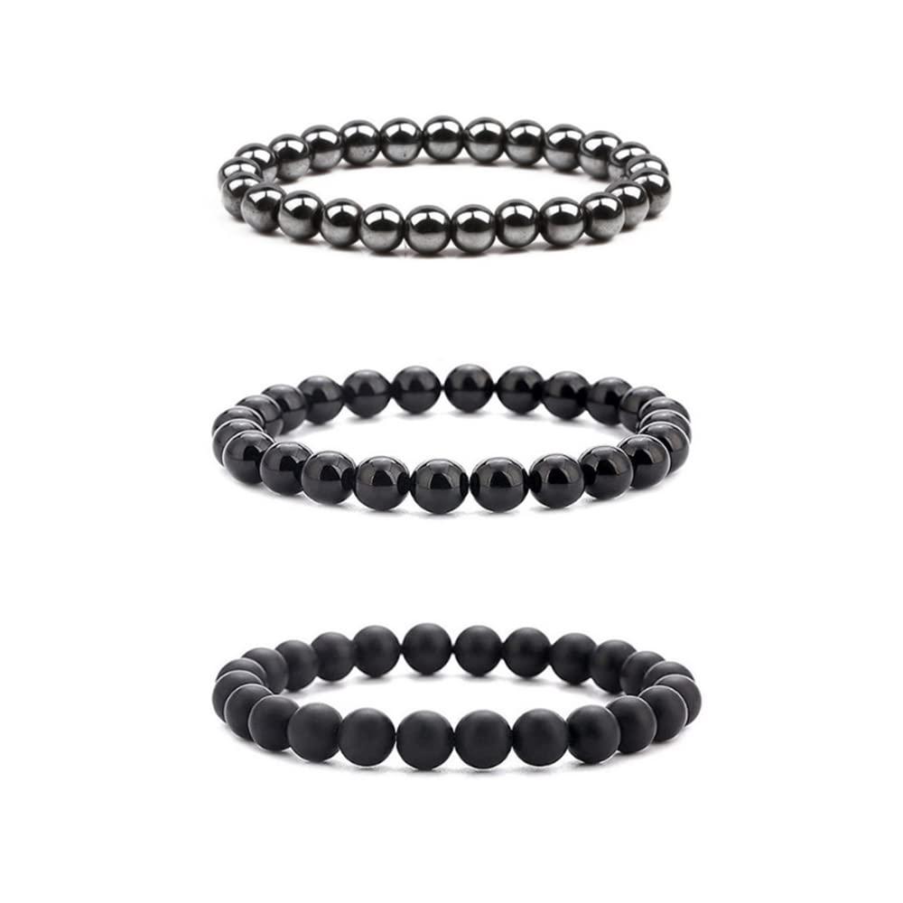 Natural Lava Rock Beads Bracelet Set for Men & Women - Stretchable Adjustable Braided Rope Gemstone Elastic Bracelets (3-Piece Set) for Meditation, Yoga, Fashion & Gift Giving