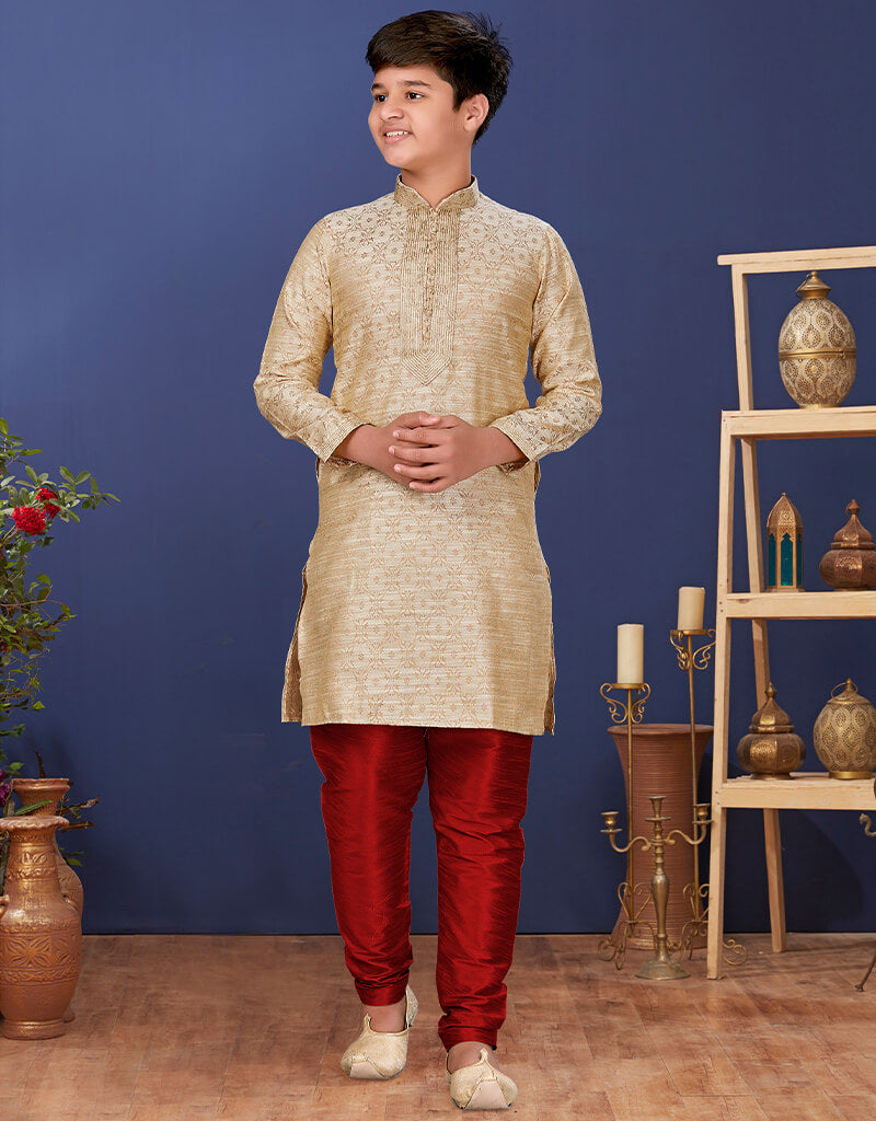 Elegant Beige Kurta Pajama Set - Jacquard Silk Indian Ethnic Wear for Men - Perfect for Festivals, Weddings & Special Occasions
