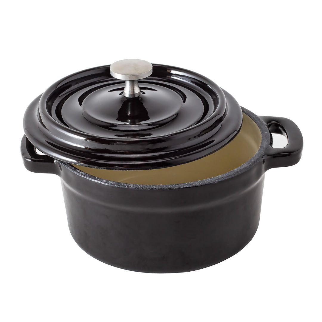 8 oz Round Black Enameled Cast Iron Mini Casserole Dish with Stainless Steel Knob - 5.25