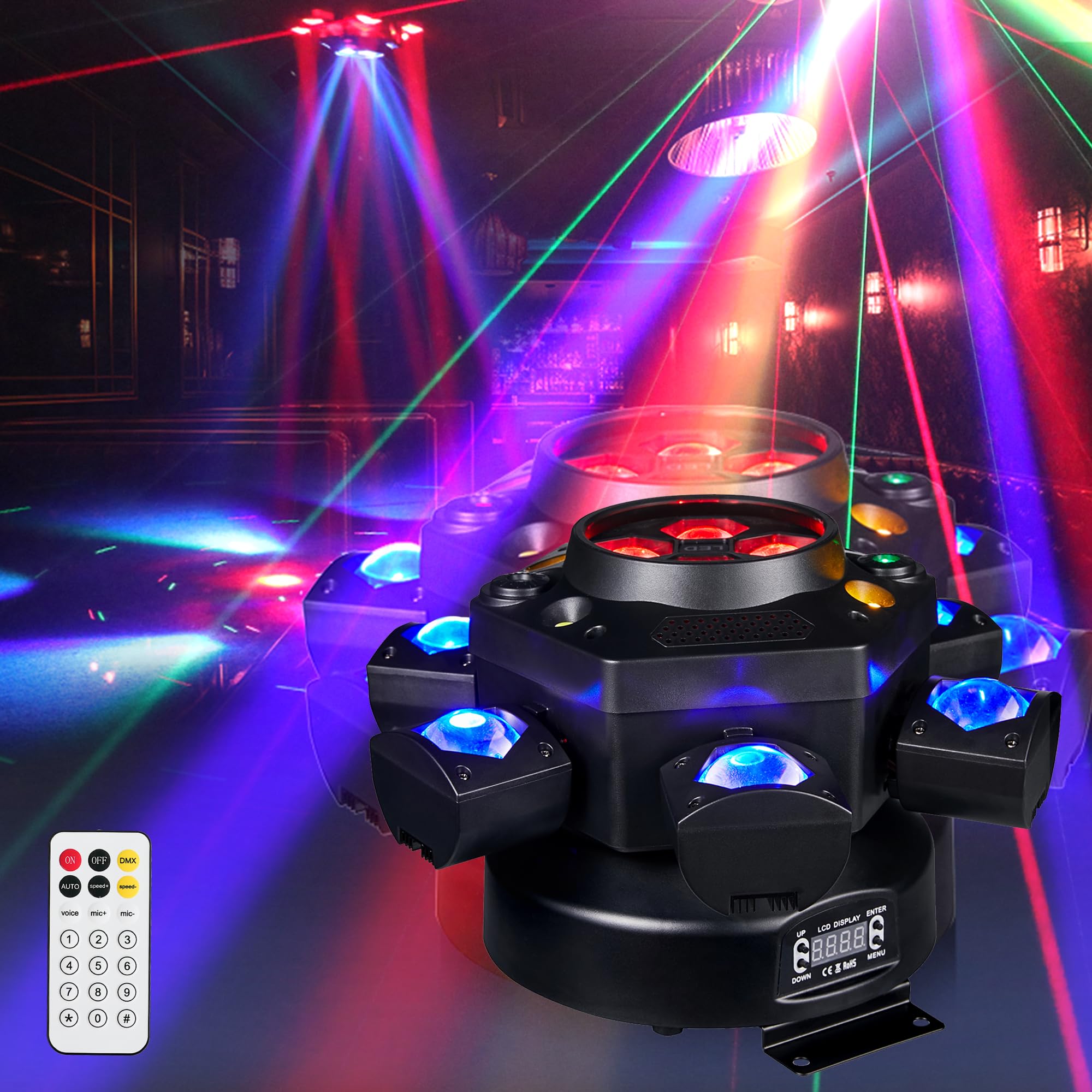 150W RGBW 4-in-1 LED Moving Head DJ Light with Remote Control - 6-Arm Rotating Stage Light, DMX512 & Sound Activated for Wedding, Live House, KTV, Bar & Club Parties - Perfect for Stage Lighting, Dance Floors and Nightclub Events