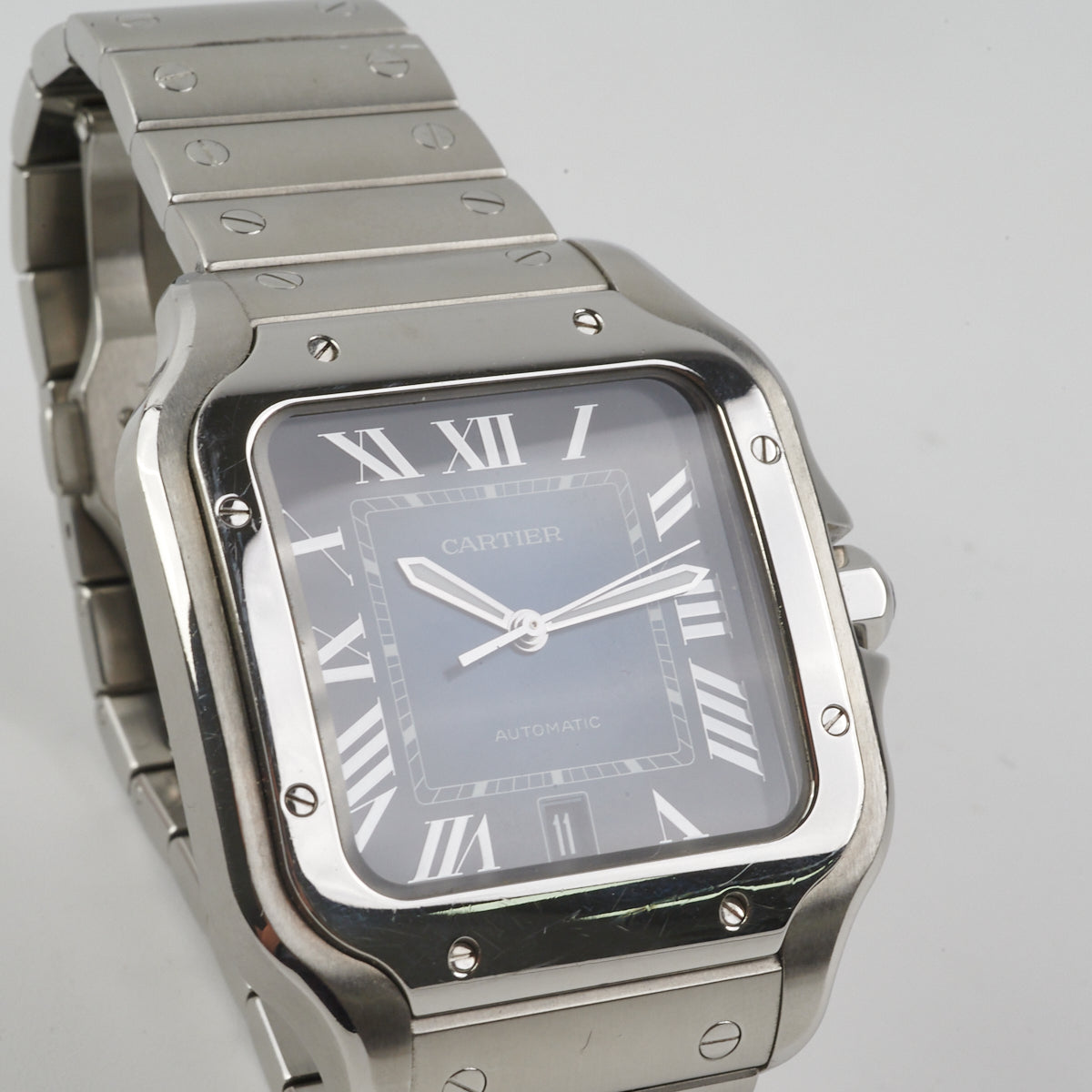 Cartier Santos Watch for Men - Luxury Stainless Steel Dark Navy Dial Automatic Watch - Perfect for Business, Formal Events & Gifting