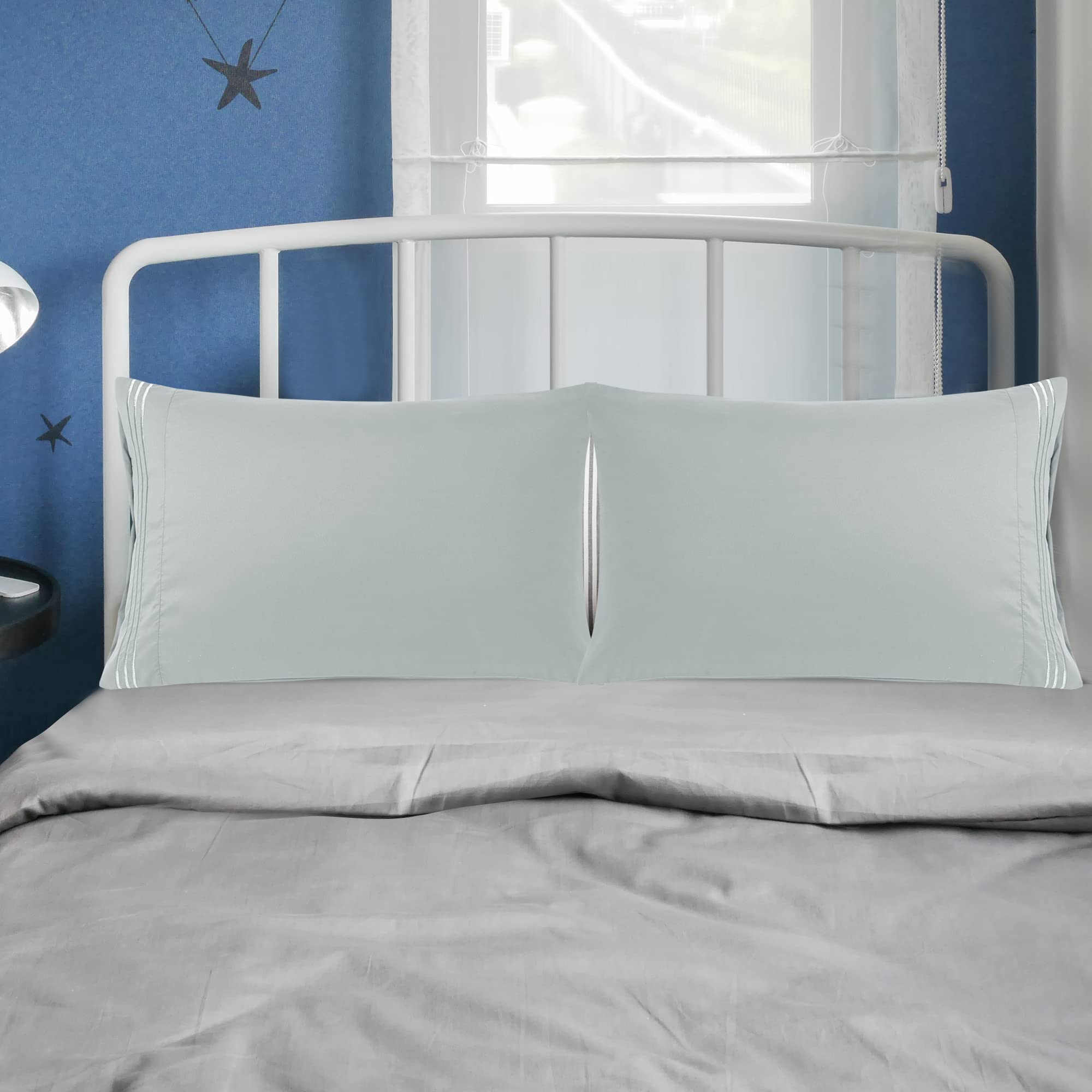 PiccoCasa Light Gray Pillow Cases Set of 2 - Soft Breathable Travel Pillow Covers with Embroidery, Brushed Microfiber Pillowcases with Zipper Closure for Home, Hotel & Airplane Travel