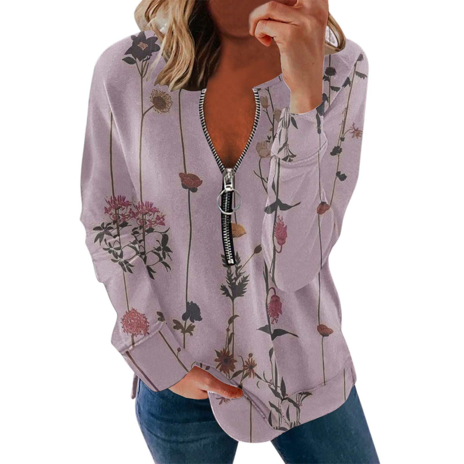 Women's Floral Print Long Sleeve Blouse - Loose Fit Casual T-Shirt Top for Workout & Everyday Wear | Comfortable Zipper Design for Yoga, Office & Street Fashion