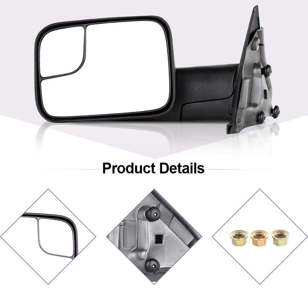 2002-2008 Dodge Ram 1500 & 2003-2009 Ram 2500/3500 Towing Mirrors - Manual Adjust Non-Heated Pair (LH+RH) - Perfect for Trailering, RV Towing & Heavy-Duty Hauling