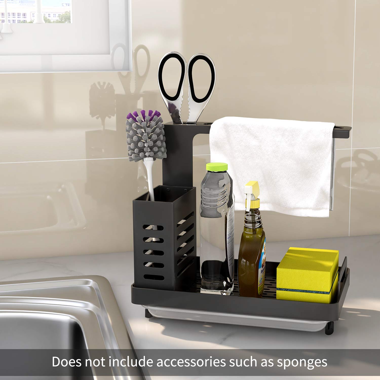 MKO Kitchen Sink Organizer Caddy - Sponge, Soap, Brush & Dishcloth Holder with Drain Pan - Countertop Storage for Kitchen Sink Accessories (Black) - Perfect for Small Kitchen Organization & Decluttering