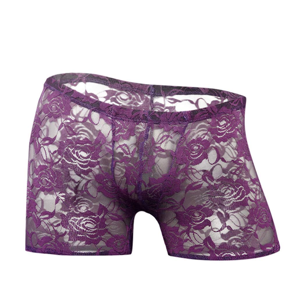 **Men's Plaid Boxer Briefs with Mesh Waistband - Rose Lace Sexy Boyshorts - Low Rise Transparent Underwear for Comfort & Style - Perfect for Casual Wear, Sleepwear & Intimate Moments**