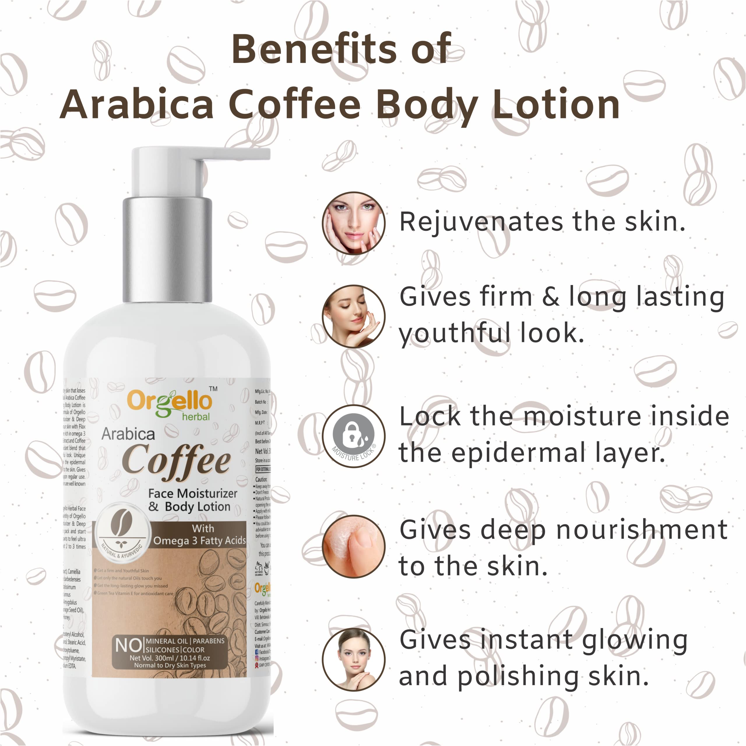 Orgello Herbal Coffee Body Lotion for Men & Women - 300ml Moisturizing Cream for Dry to Normal Skin with Borage Seed Oil, Flaxseed Oil, Almond Oil & Sunflower Oil - Paraben-Free Face & Body Hydration - Perfect for Daily Skincare Routine & Post-Shave Soothing