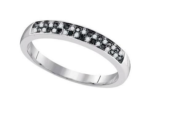 10K White Gold Black Diamond Women's Band Ring - 1/8 Cttw, Elegant Stackable Ring for Everyday Wear, Anniversary & Wedding Gift