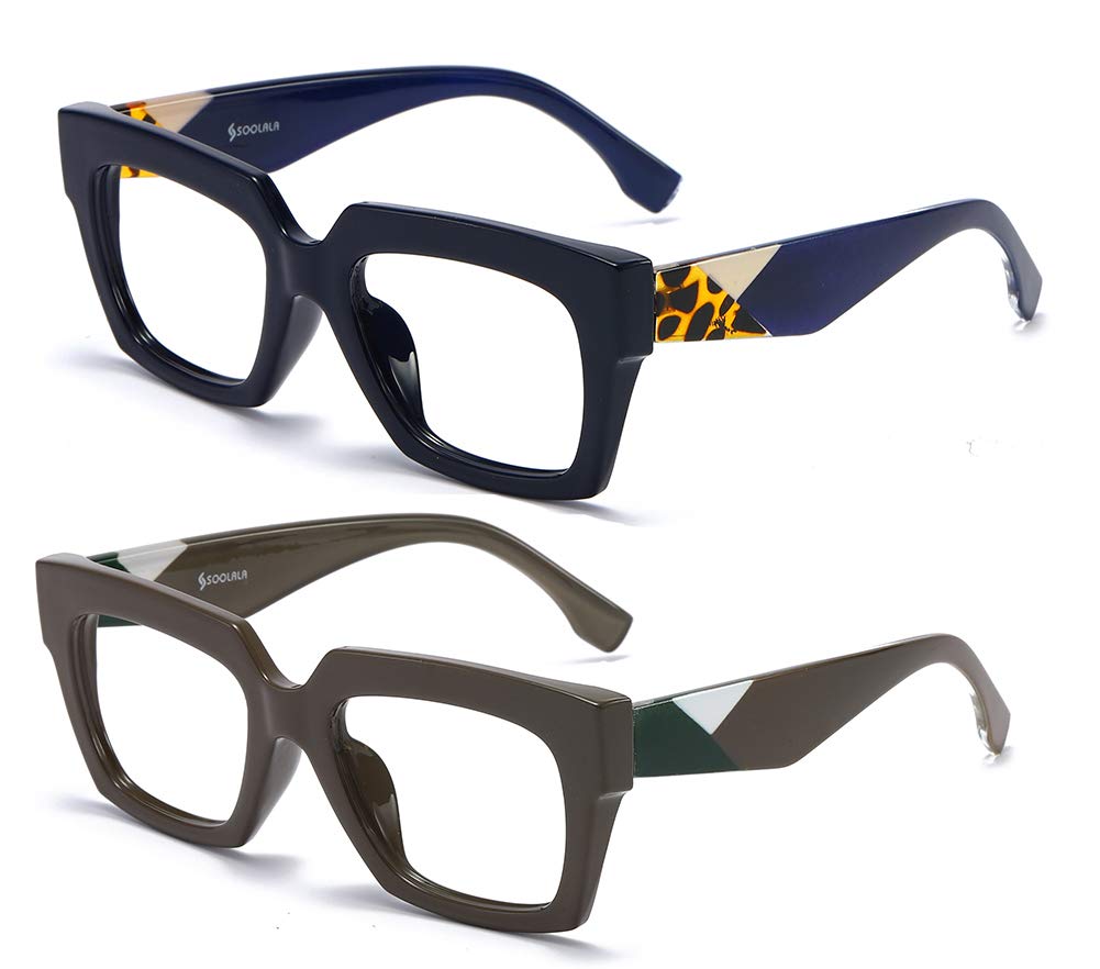 SOOLALA Blue Light Blocking Reading Glasses - Square Frame with Leopard Print Arms - Reduce Eye Strain for Computer Work & Reading