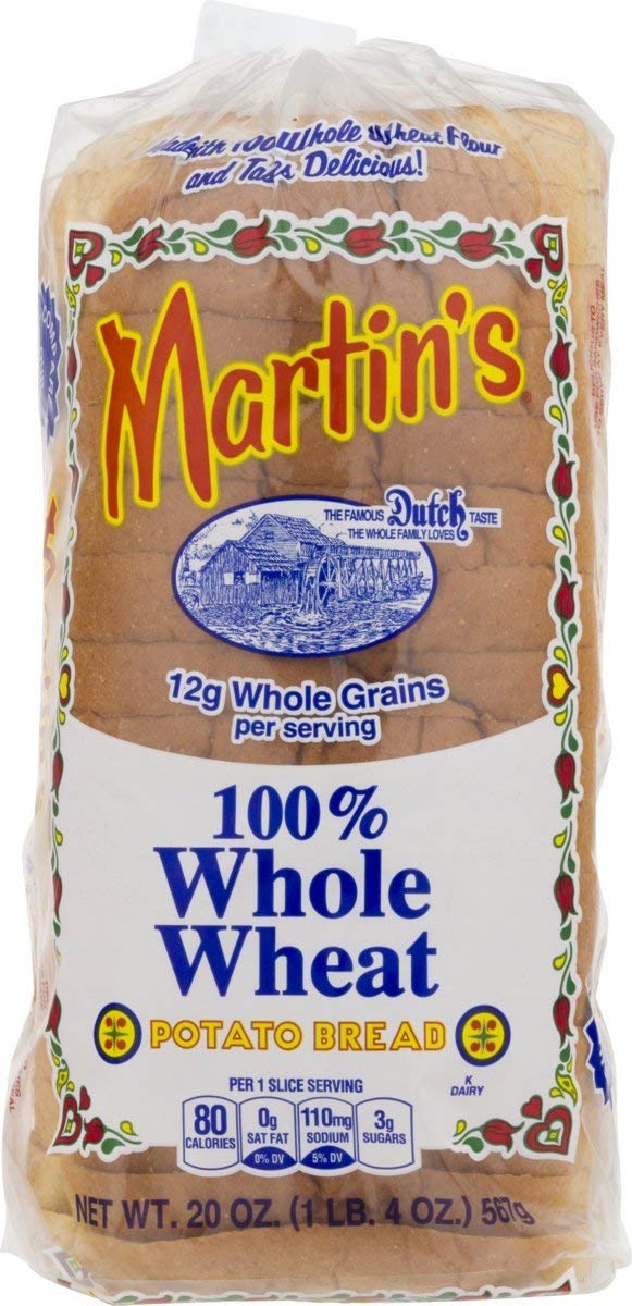 Martin's Famous 100% Whole Wheat Potato Bread - 16 Slices per Bag, 20 oz (Pack of 4) | Fresh & Nutritious Sandwich Bread for School Lunches, Picnics & Family Meals