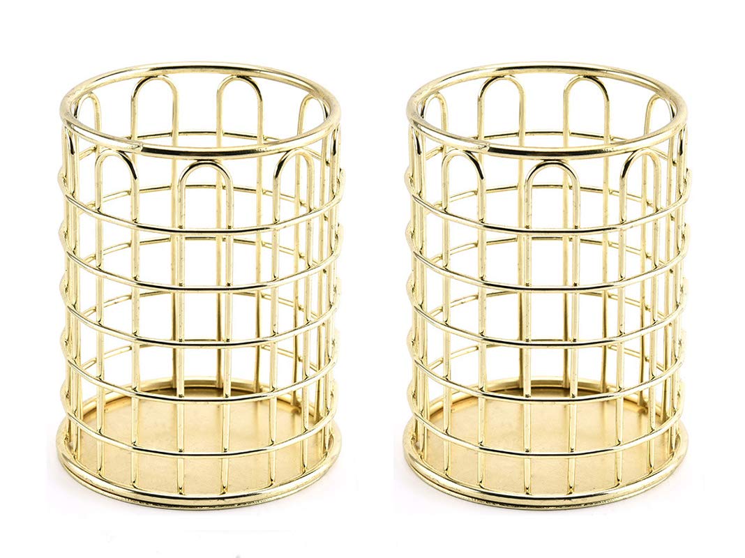 Gold Metal Pen Holder & Pencil Organizer - 2-Pack Decorative Wire Desk Storage for Stationery, Office & School Supplies - Perfect for Home Office, Study Desk & Workspace Organization